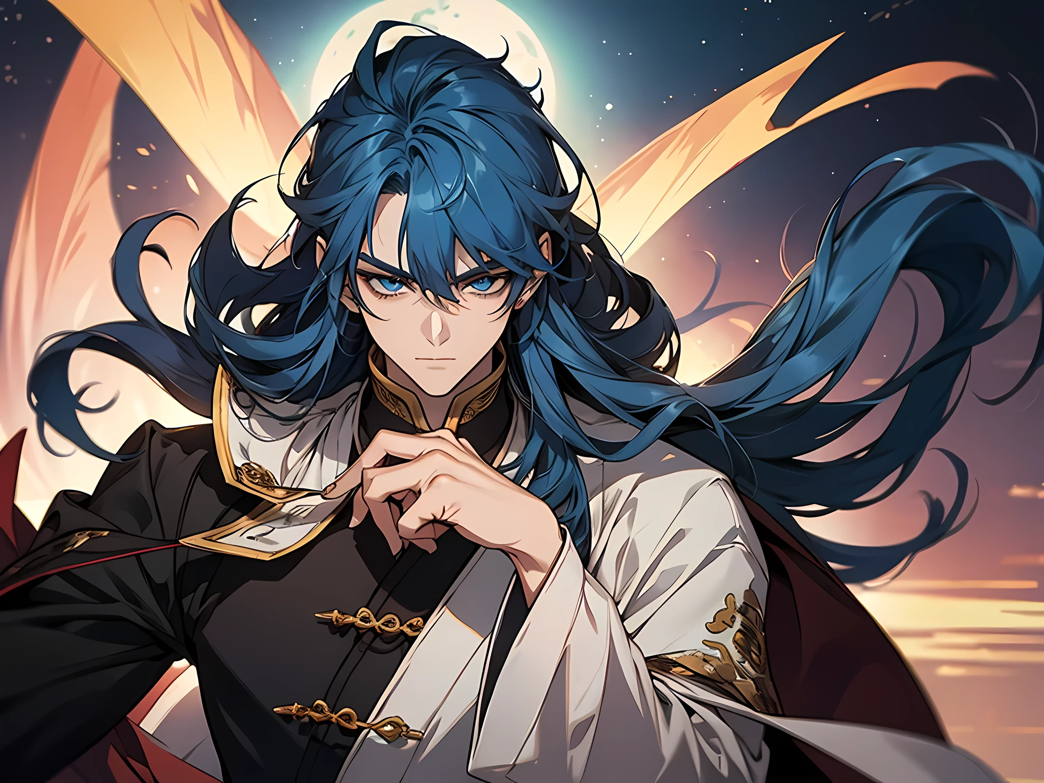 1 man, prince, wearing han dynasty outfit, long hair, blue hair, detailed eyes, face to detail, the background is chinese empire, perfect hands, full-body illustration