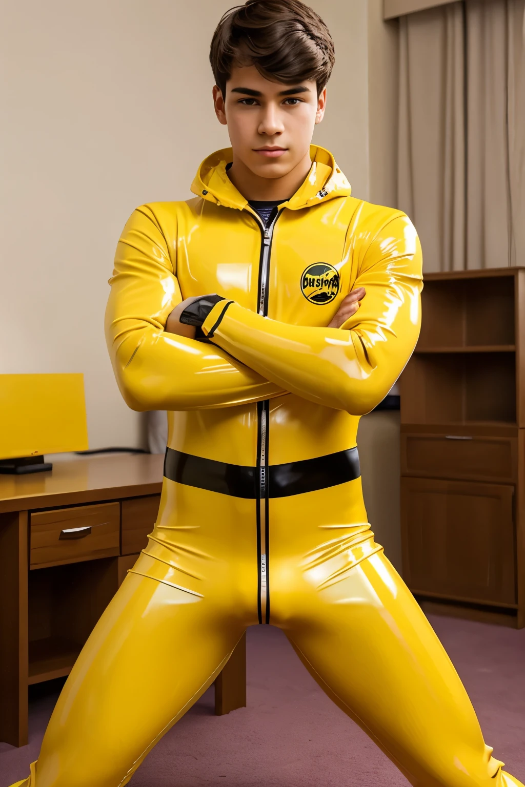 A high school boy wearing a yellow latex catsuit While masturbating