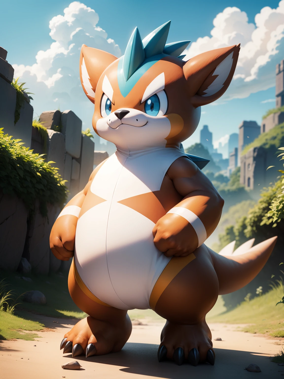 grizzbolt_palworld, standing, pokemon town, sugimori ken \(style\)