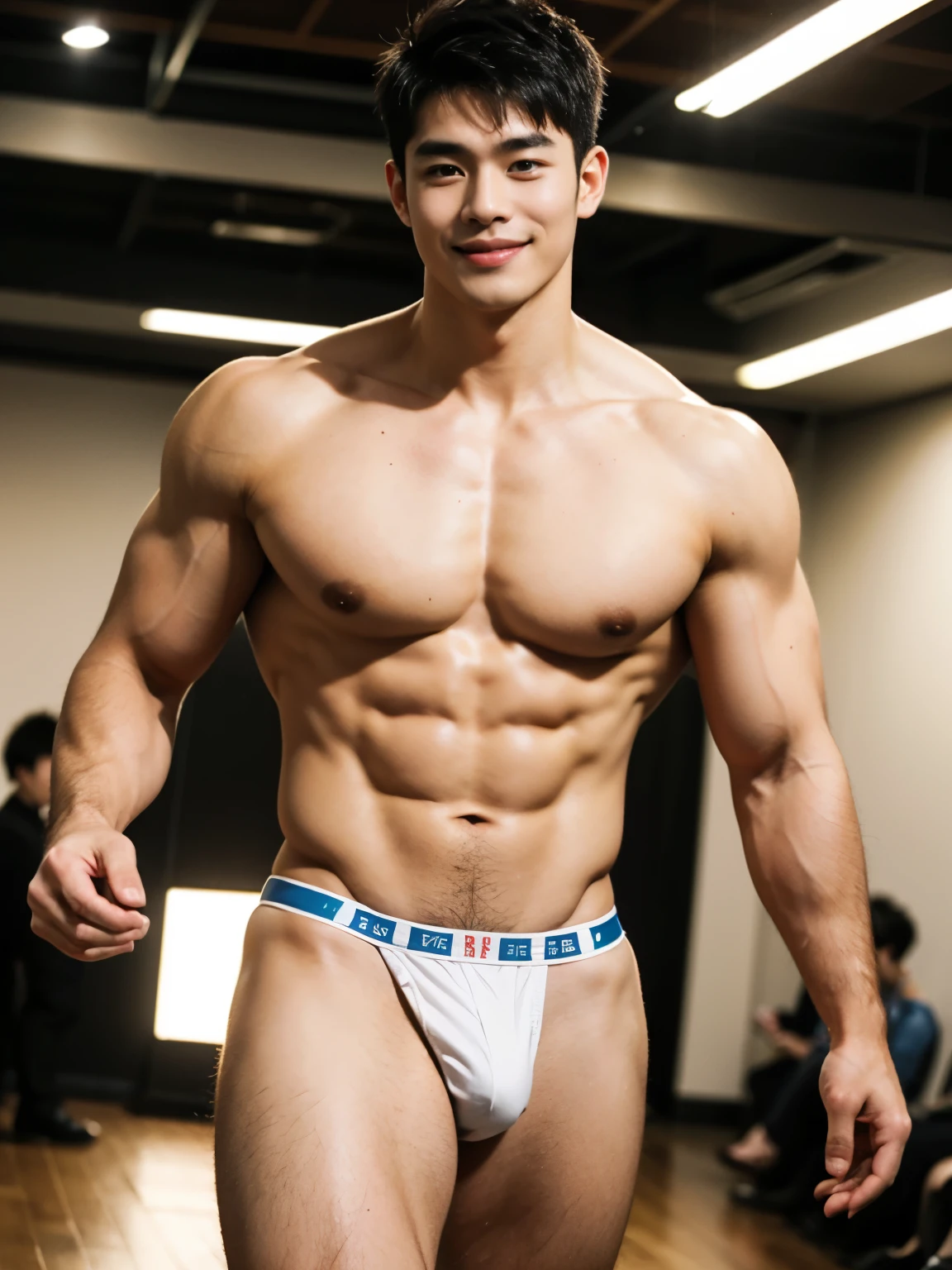 Highest quality, masterpiece, ar2:3, ((Asian huge muscular male)), completely naked, wearing only small micro string white thong, walking, fashion week, fashion show, neon, blushing, smiling, nice Korean hair style, nice haircut,