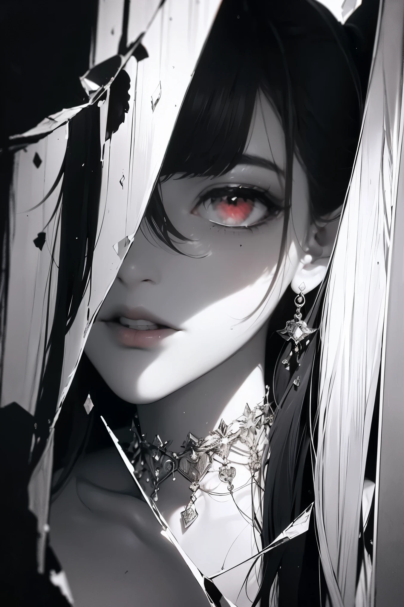 black andwhite,Absolutely beautiful woman,Bust,Broken mirror,Black and white splitting,Red tears,Black and white painting,Broken,sublevel,Black and white,Eroded by darkness and light,对称