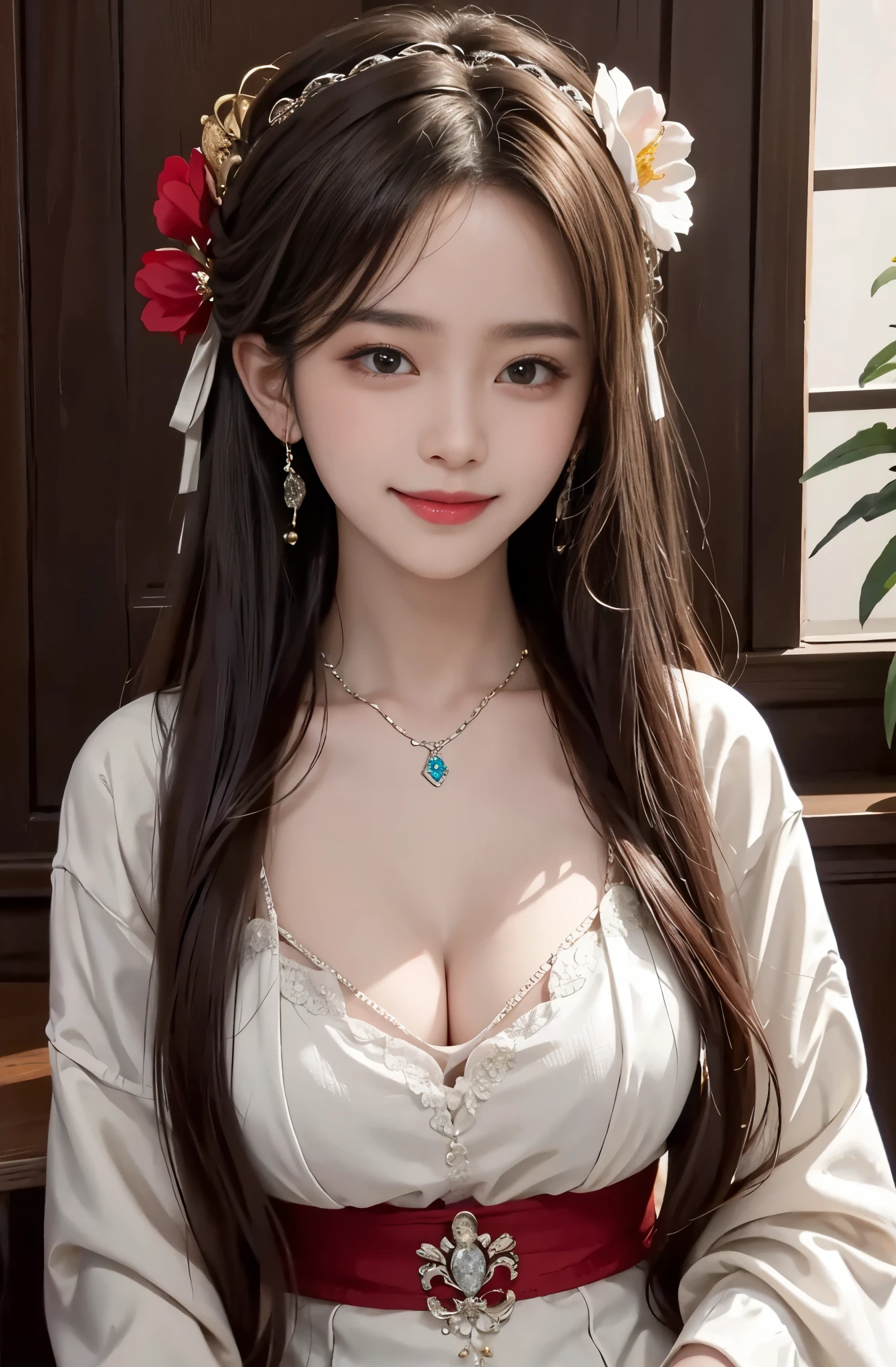 8K Ultra HD, table top, highest quality, beautiful girl, long hair, Beautiful necklaces, beautiful earrings, beautiful hair ornament,  girl, smile, Sexy, big breasts, cinematic lighting