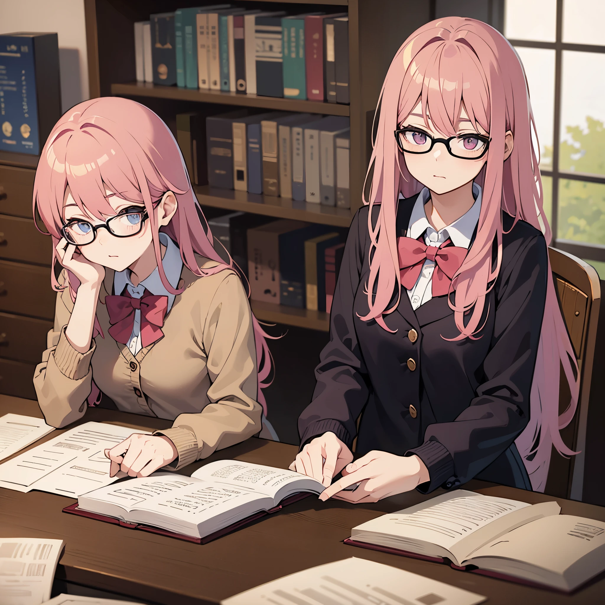 (masterpiece), best quality, expressive eyes, perfect face, nerd, pink hair, glasses, sitting on the desk and read book, innocent look , Anime school uniform, 
