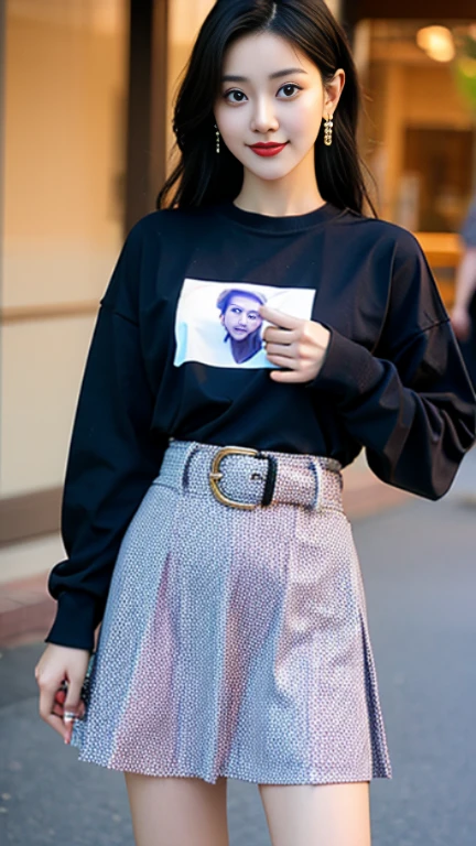 1girl, solo, looking_at_viewer, smile, skirt, shirt, black_hair, long_sleeves, holding, jewelry, white_shirt, cowboy_shot, earrings, belt, bag, black_eyes, purple_skirt, realistic, shirt_tucked_in, holding_bag, print_skirt