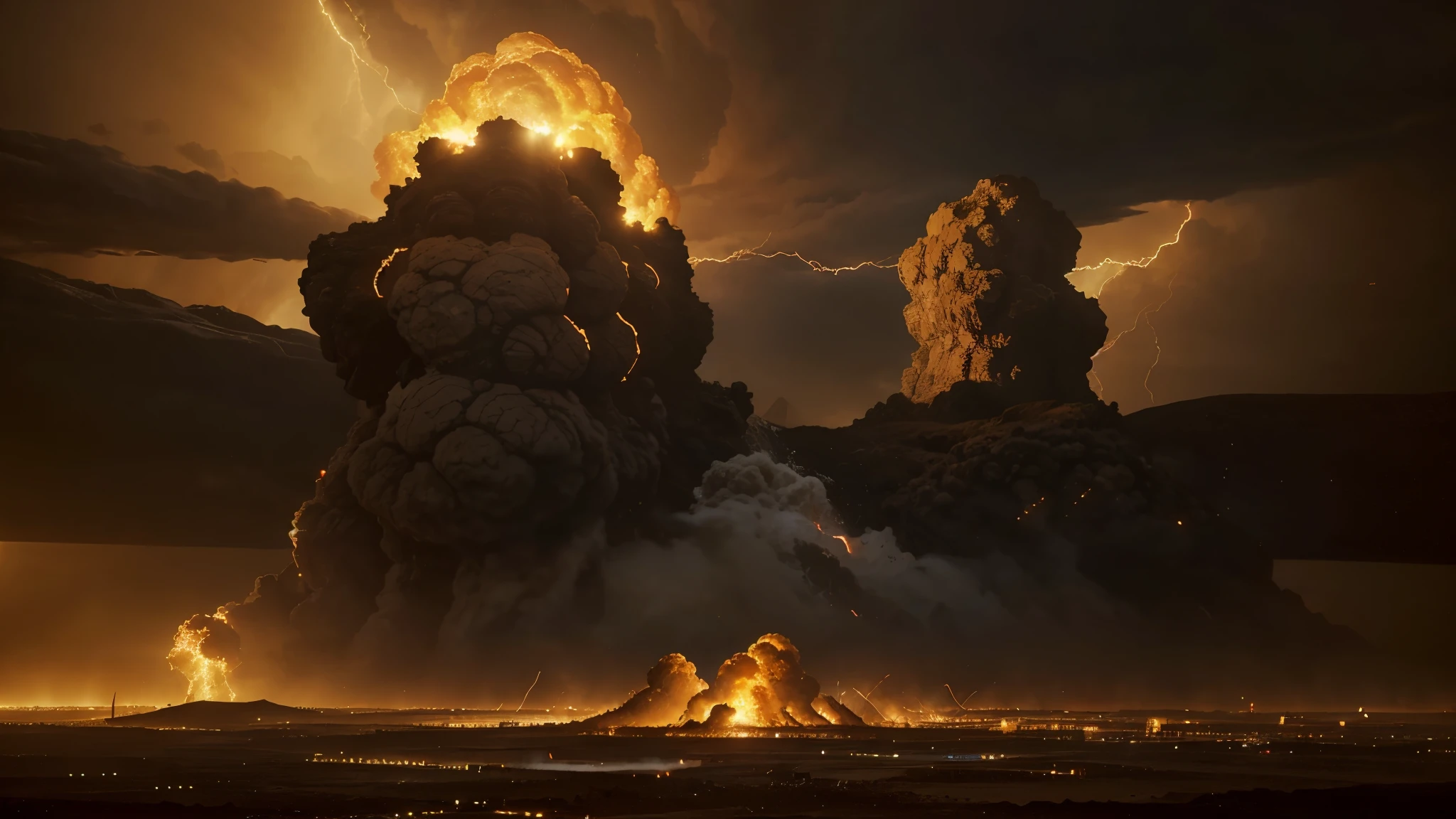 Illustrate the biblical narrative of Genesis 19, portraying the destruction of Sodom and Gomorrah. Capture the intensity of divine wrath as fire and brimstone rain down upon the cities. Depict the desperation of the inhabitants as they flee the impending doom. Convey the contrast between the fiery destruction and the desolation left behind. Emphasize the moral consequences and divine justice, showing the angelic intervention, Lot's escape with his family, and the transformation of Lot's wife into a pillar of salt. Create a visually compelling representation that resonates with the gravity of the biblical account."