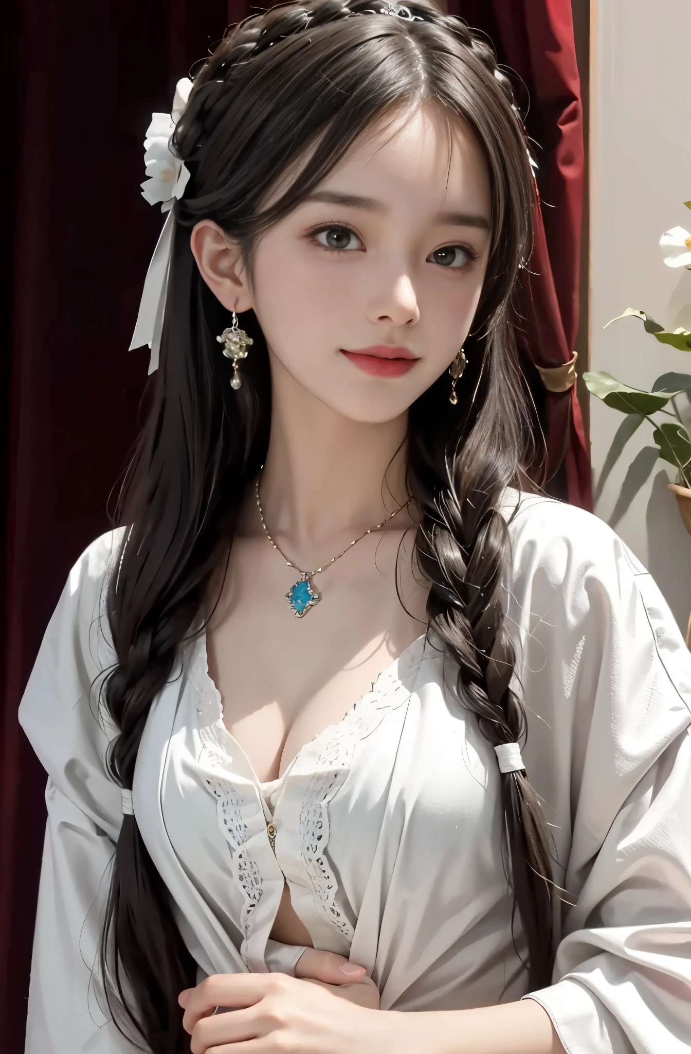 8K Ultra HD, table top, highest quality, beautiful girl, long hair, Beautiful necklaces, beautiful earrings, beautiful hair ornament, 17 year old girl, smile, Sexy, big breasts, cinematic lighting