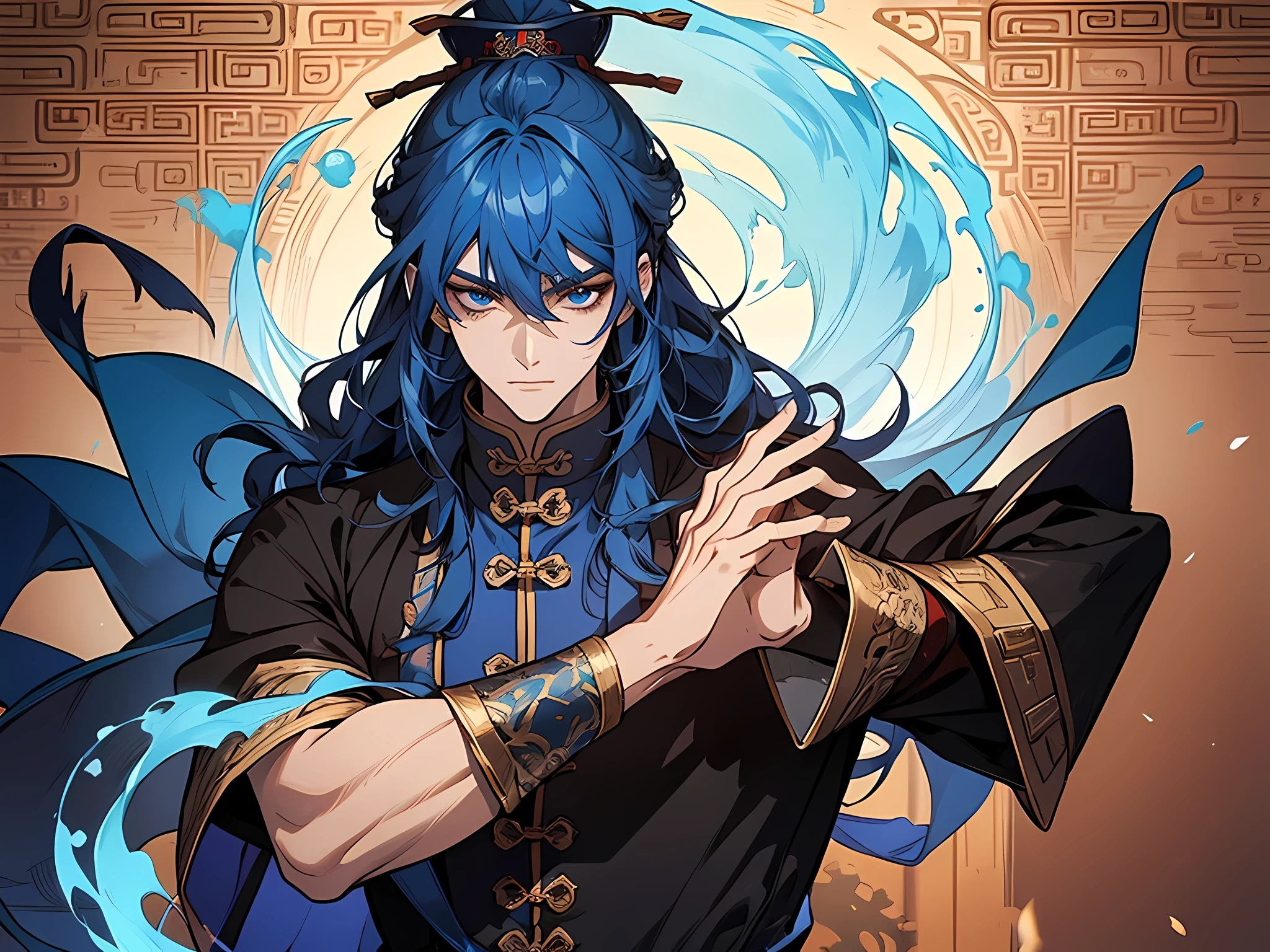 1 man, prince, wearing han dynasty outfit, long hair, blue hair, detailed eyes, face to detail, the background is chinese empire, perfect hands, full-body illustration