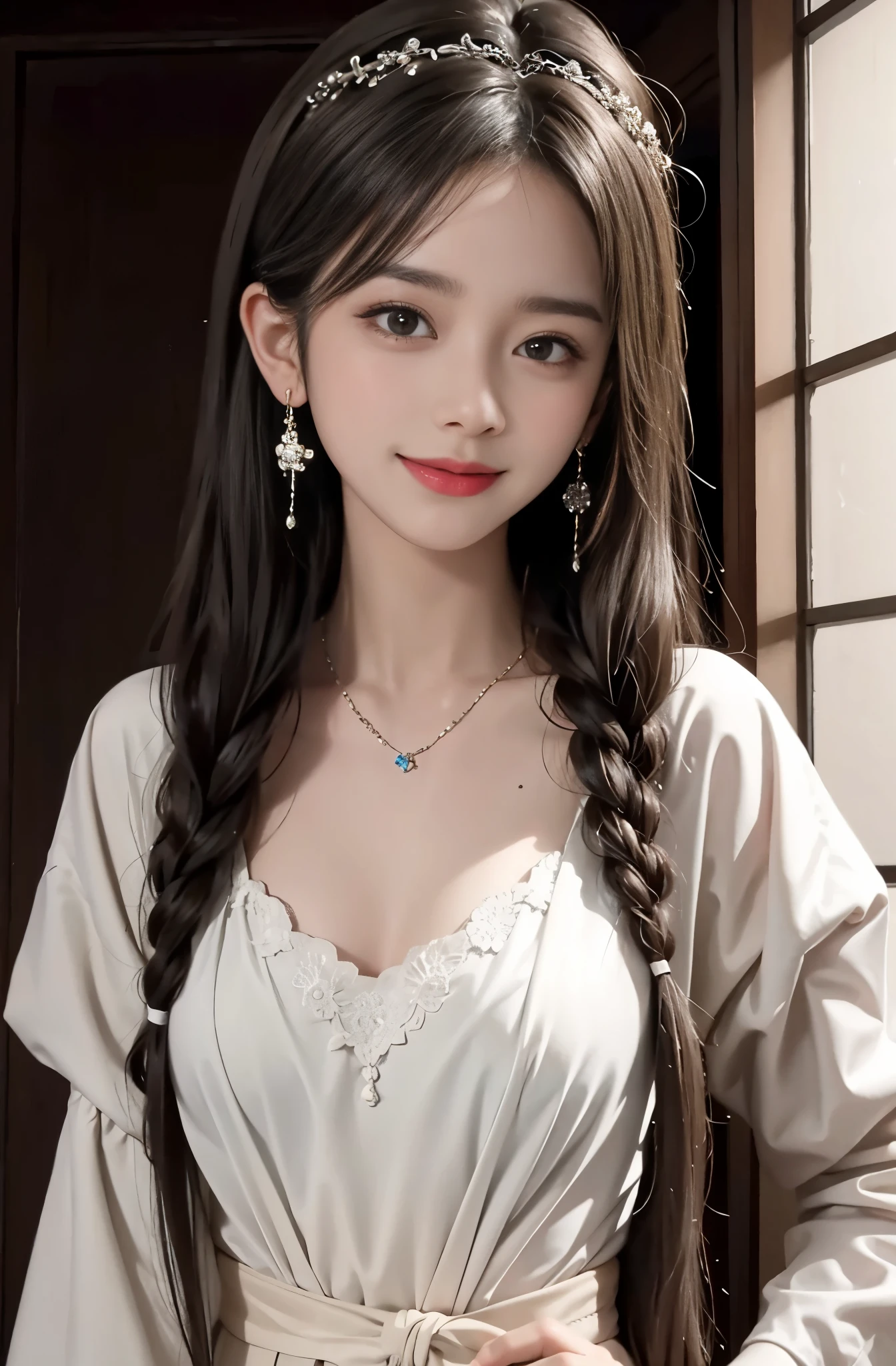 8K Ultra HD, table top, highest quality, beautiful girl, long hair, Beautiful necklaces, beautiful earrings, beautiful hair ornament, girl, smile, Sexy, big breasts, cinematic lighting
