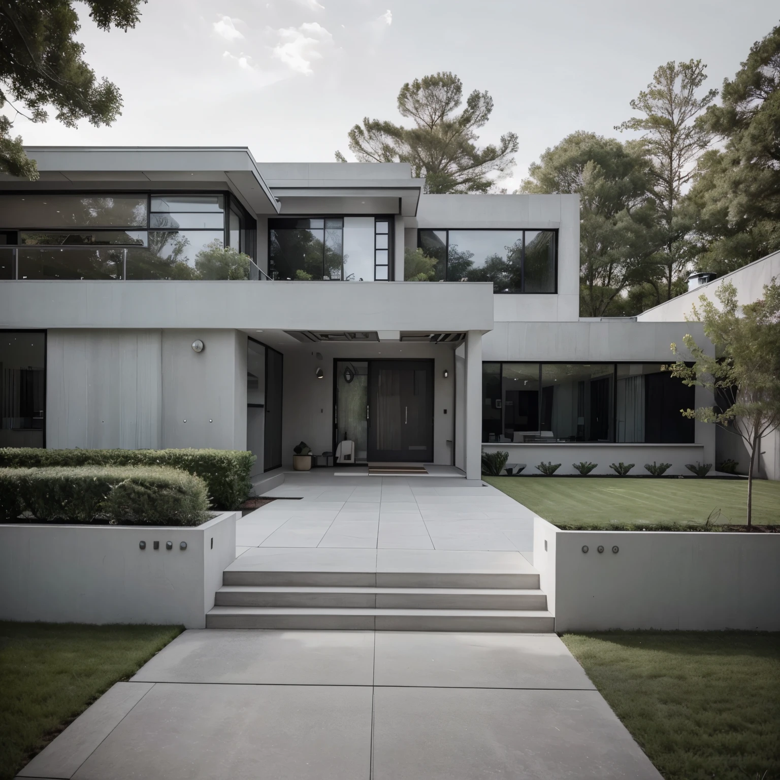 color photo of a modern and minimalist grey-colored Midcentury home. The house exudes an elegant and sophisticated vibe with its sleek lines, clean design, and neutral color palette. The exterior of the home is painted in a beautiful shade of grey, which perfectly complements the surrounding landscape.
Large windows allow an abundance of natural light to flood the interior, creating a bright and airy atmosphere. The architectural details, such as the flat roof, angular shapes, and minimalistic landscaping, add to the overall contemporary aesthetic of the house. This grey Midcentury home stands as a timeless masterpiece, blending seamlessly with its surroundings.