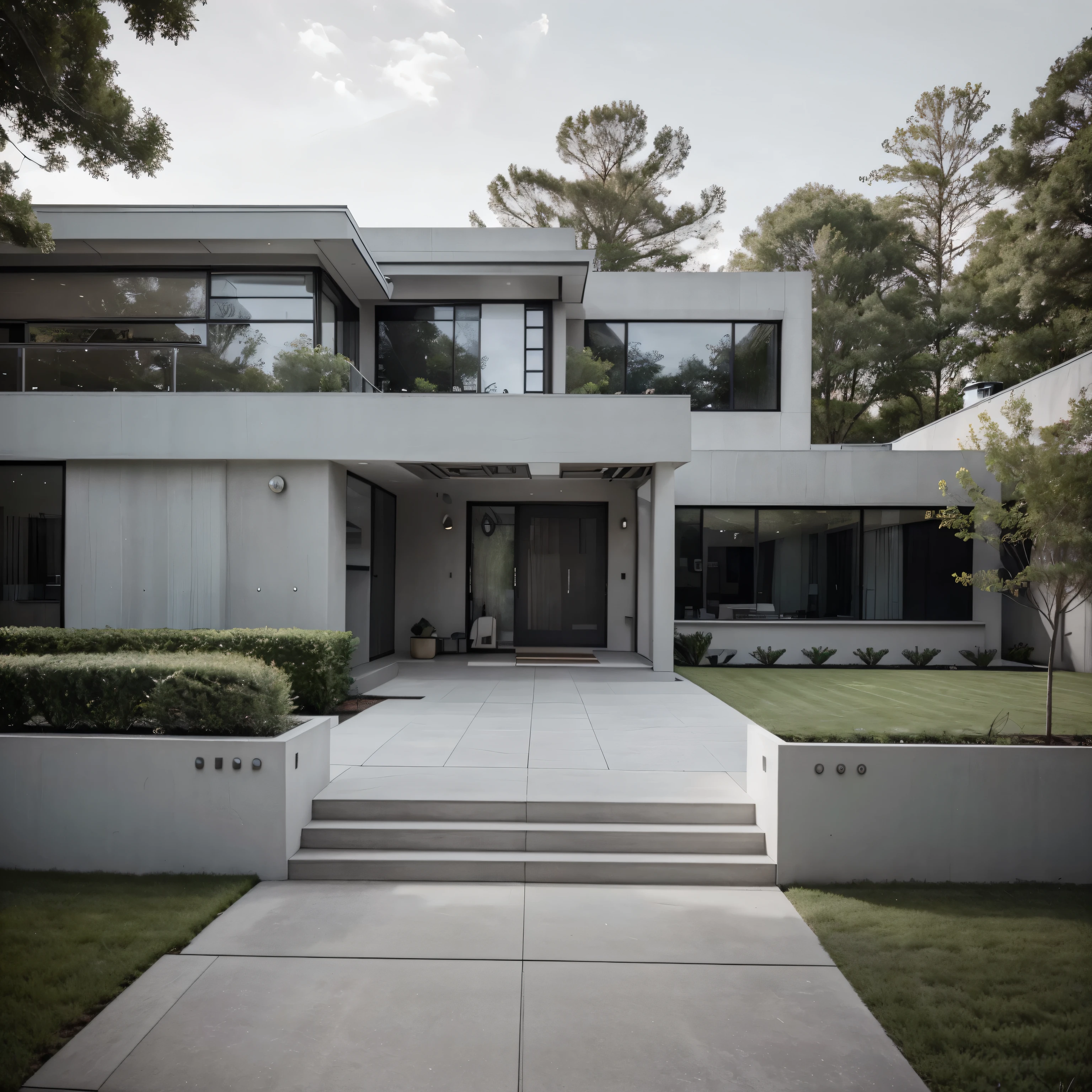 Color photo of a modern and simple gray Midcentury house.. The home exudes an air of luxury and sophistication with its sleek lines., Clean design, and a neutral color palette.. The exterior of the house is painted a beautiful gray., which complements the surrounding landscape perfectly.
Large windows allow plenty of natural light to flow inside., Create a bright and airy atmosphere.. architectural details, such as a flat roof, angular shape, and minimalist gardening, Add contemporary beauty to the overall home.. This gray Midcentury home is a timeless masterpiece., Blends seamlessly with the environment.