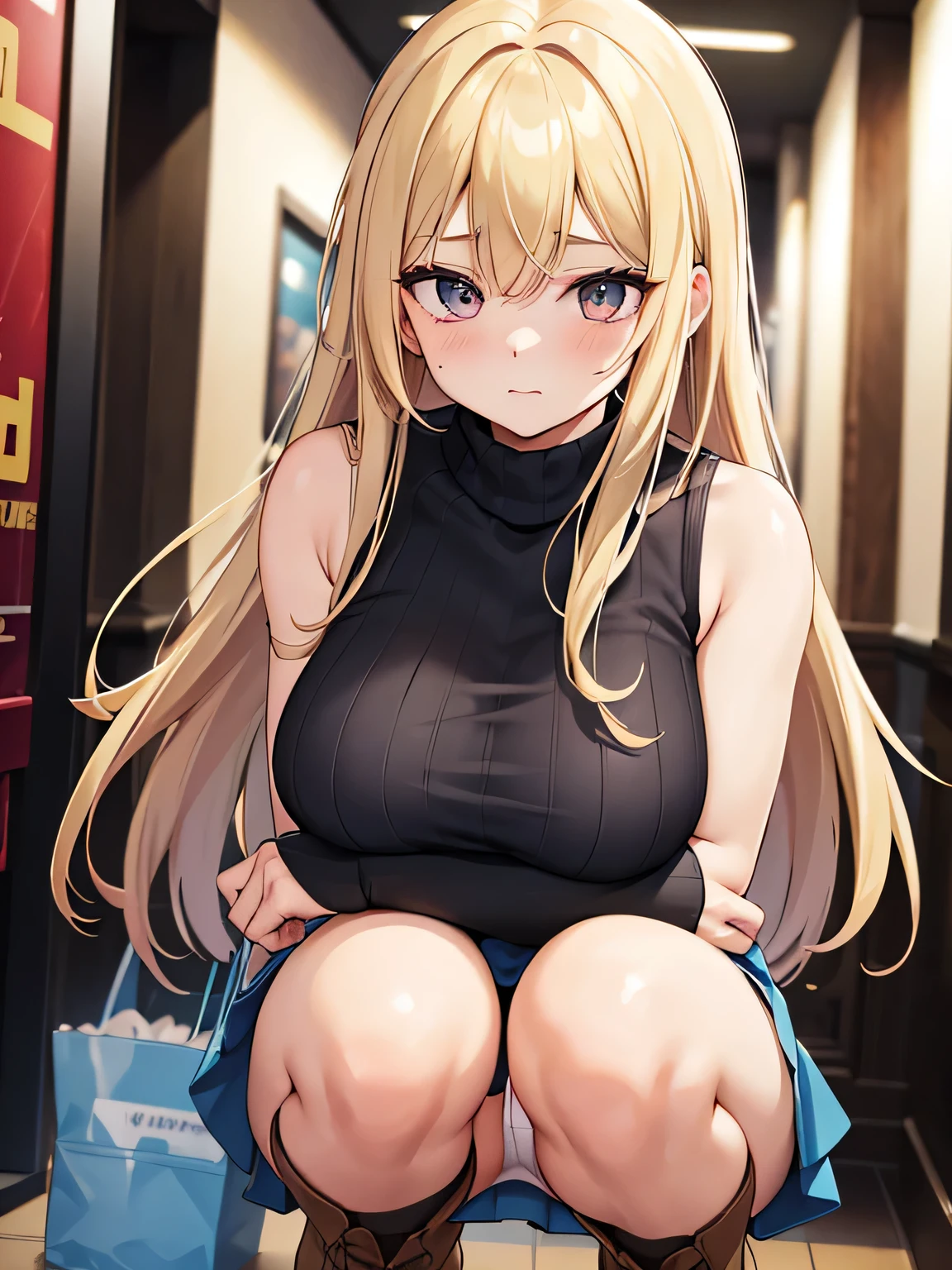 (1) A woman is squatting with her knees together. her panties are almost visible.
(2) She's a gal, long blonde hair and gal makeup.
(3) The woman wears a yellow sleeveless turtleneck knit, blue mini skirt, and long brown boots.
(4) The woman's face is red and she looks embarrassed..
(5) The location is the entrance to the movie theater..