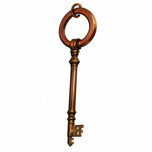 old key, fantasy key, door key, rusty key, Rusted Key Of Detect Evil - This key will glow a very faint orange when evil is near. One use only., MagicItem_v1, (white background), fullshot