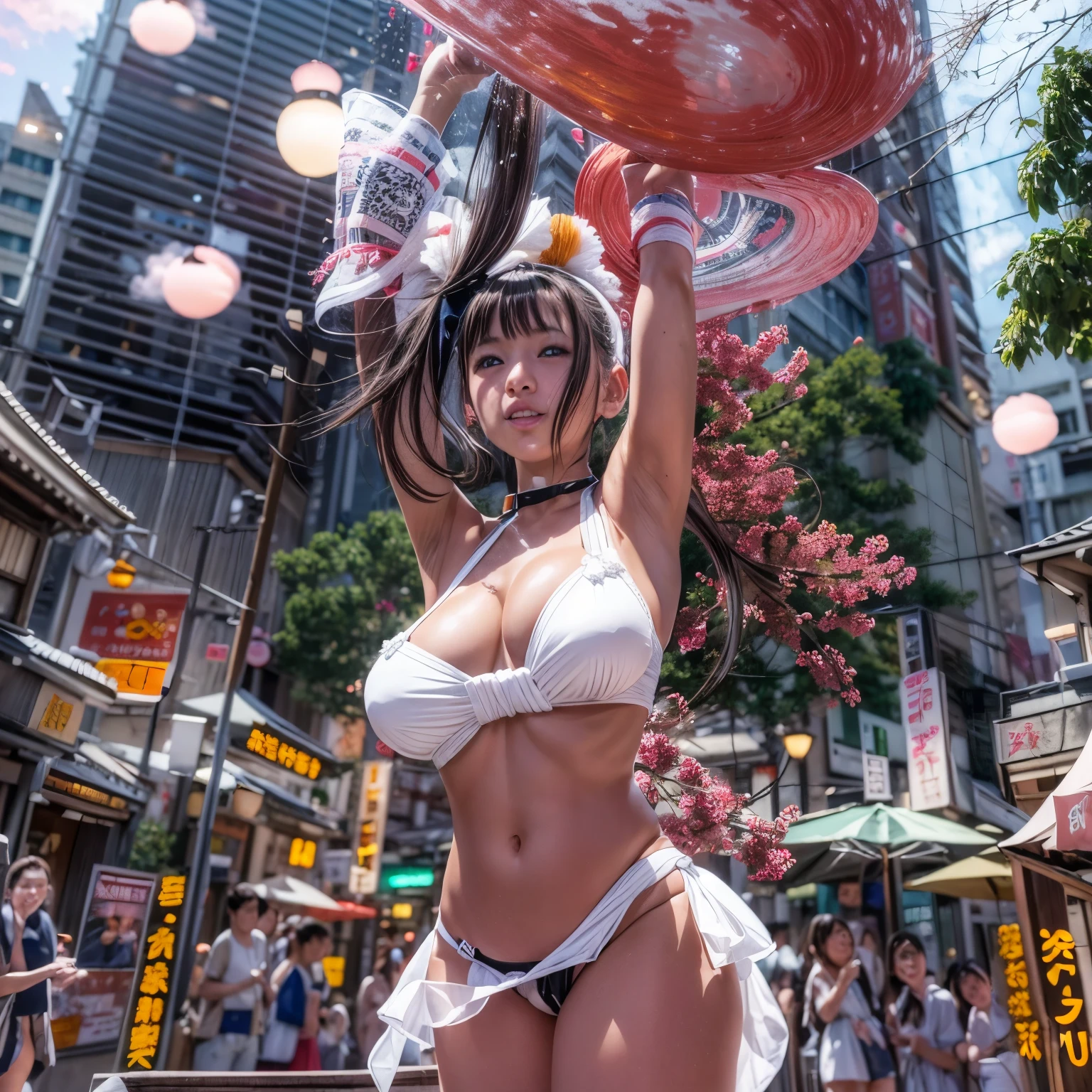 ((NSFW:-0.95)), (((nipple:-0.9))), ((Acutance:0.85)), (((from below)), The Sky takes up more than third of the composition ) . The background is the downtown area at (Twilight:1.4), (((Red-dyed clouds above hed:1.3))), { (many colorful Lights:1.2) | lens flare | Burning | heyz | (luminous Particles) | Mystic sight } . (Masterpiece:1.2) of professional Analog photo with Hasselblad, (((realistic and photorealistic with touch of rawness:1.37))), physically-based 3D rendering with ultra-detailed. ((( A KAWAII girl in WHITE Fundoshi, at Hakata Gion Ymakasa Festival ))) . (((from below:1.2, bokeH))),(((not beautiful hand:-0.9))), Assfocus and she looking ahead .