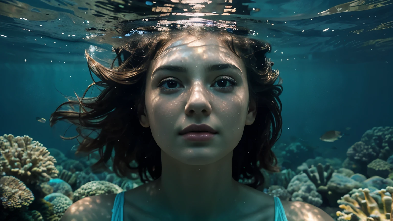 An underwater scene with a girl floating, set in the year 2060. The focus should be on the girl's detailed face, depicting beautiful and detailed eyes, lips, and other facial features. The image quality should be of the highest standard, with options such as "best quality, 4k, 8k, highres, masterpiece:1.2" and "ultra-detailed, realistic, photorealistic:1.37". The medium can be either a painting, illustration, or a 3D rendering. Additional details can include a big sea creature swimming nearby, creating a sense of awe and wonder. The lighting should be vibrant, accentuating the girl's face and the underwater environment. The overall color tone should reflect the underwater world, with hues of blues and greens.