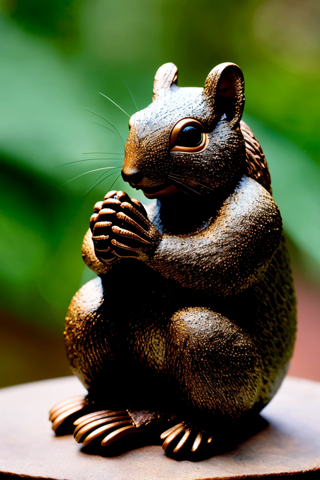 A highly detailed and hyper-realistic sculpture of a praying squirrel, capturing the intricate textures of its fur and the expressive depth of its eyes, set against a backdrop of soft, natural lighting. This 8k image showcases the squirrel's focus and devotion, invoking a sense of peace and contemplation. The squirrel's paws are positioned in a prayer-like pose, adding to the spiritual and introspective essence of the statue. This fundo neutro and moody artwork is a stunning tribute to the beauty and complexity of nature.