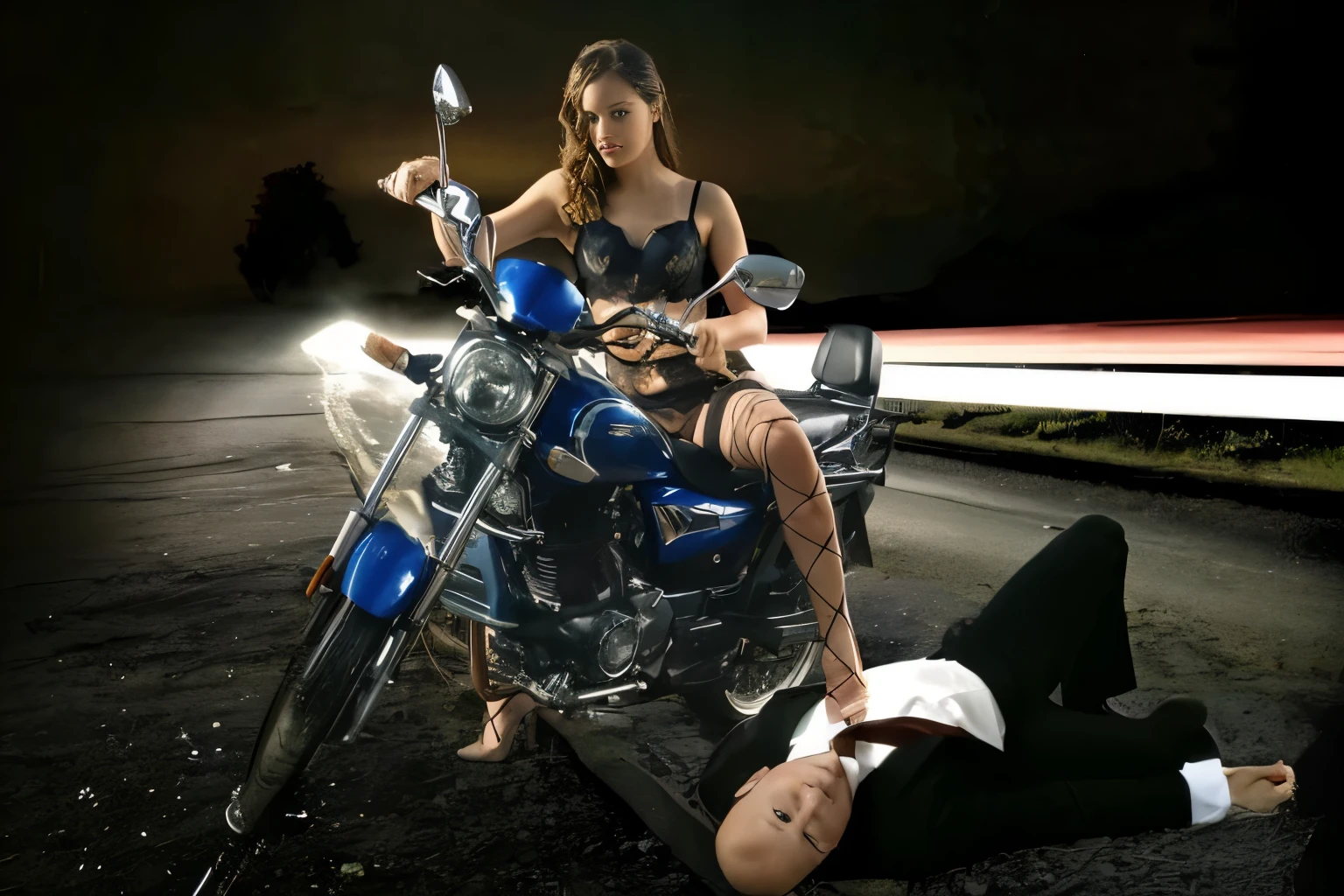 there is a woman sitting on a motorcycle next to a man laying on the ground, Promotional photo, sitting on a motorcycle, photoshoot, photo from a Promo shoot, photoshoot, Promo shoot, riding a motorcycle, motorcycle, Advertising frame, Derek Zabrocki, promo more, Commercial, Advertising photography, motorcycles, photo - shot, Still from the full scene
