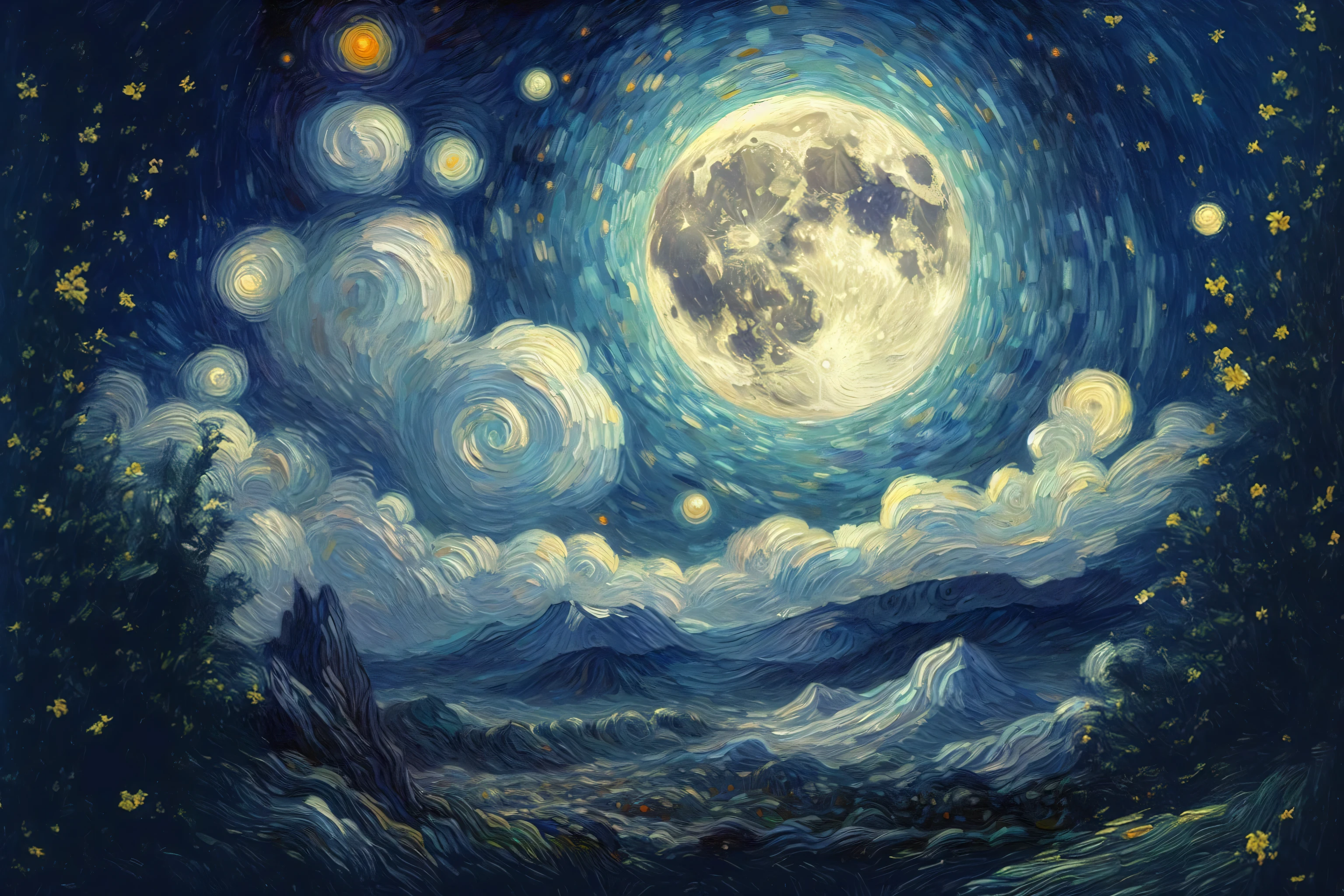 big bright full moon in the middle and have some bushes which have some blue and yellow flowers on the field. beautiful sky full of stars. in the night time. Van Gogh Painting style.