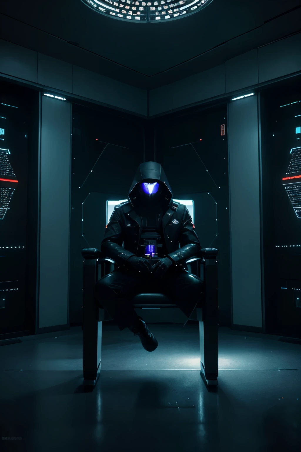 arafed image of a man sitting with a fedora hat in a chair in a dark room, artem demura beeple, 3 d render beeple, cinematic beeple, minimalist cinematic lighting, by Christopher Balaskas, beeple global illumination, beeple. octane render, dramatic lighting sci fi, inspired by Mike Winkelmann.The character is silhouetted against the ethereal glow emanating from the intricate patterns of lights embedded within the pillars, highlighting their isolation. a futuristic city with a lot of lights, futuristic hall, spaceship hallway background, intricate sparkling atmosphere, photo of futuristic cityscape, surreal cyberspace, cyber space, glowing lights intricate, futuristic and ethereal, cyber architecture, background of digital greebles, futuristic dramatic lighting, abstract art representing data, in a dark futuristic room, abstract tech, volumetric lighting futuristic