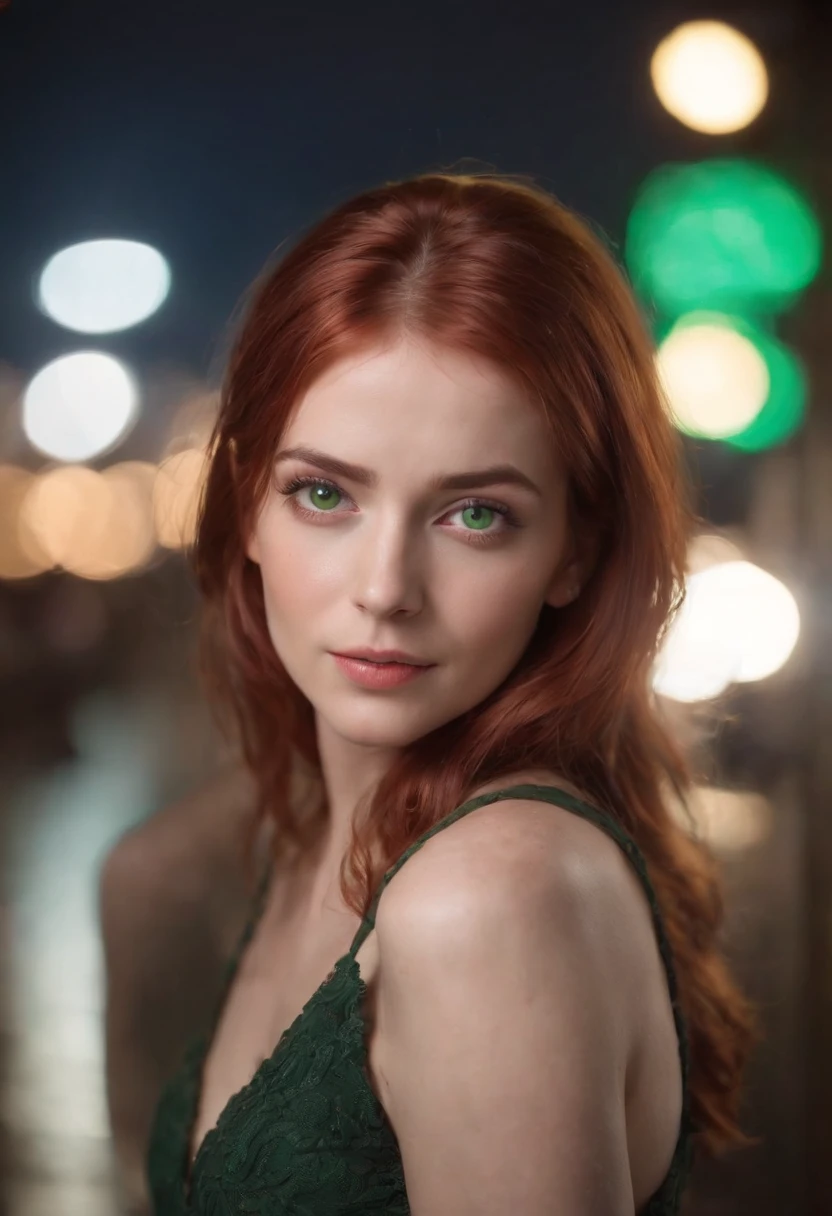 Woman 23 years old green eyes red hair night city background 