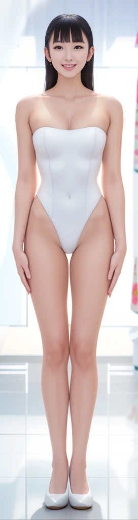 On a white background，A tall and beautiful Chinese girl，with fair skin，Toothy smile，A big smile，When you laugh, Your eyes are crescent-shaped，blunt bangs, long straight hair，Wear a one-piece swimsuit and pumps，Swimsuits are decorated with joyful patterns, Stand up straight，Stand upright，hands on sides，Symmetrical distribution，Ray tracing，All shaded areas，No windows, Soft lighting, Warm light, flood light, no lights on the top, Studio light, 1.4x Realistic Ultra HD