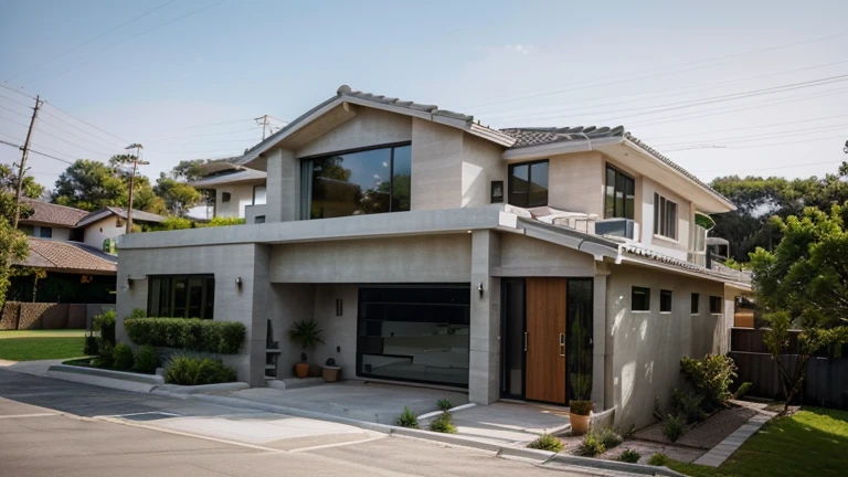 
color photo of a modern and minimalist grey-colored Midcentury home. The house exudes an elegant and sophisticated vibe with its sleek lines, clean design, and neutral color palette. The exterior of the home is painted in a beautiful shade of grey, which perfectly complements the surrounding landscape. Large windows allow an abundance of natural light to flood the interior, creating a bright and airy atmosphere. The architectural details, such as the flat roof, angular shapes, and minimalistic landscaping, add to the overall contemporary aesthetic of the house. This grey Midcentury home stands as a timeless masterpiece, blending seamlessly with its surroundings.