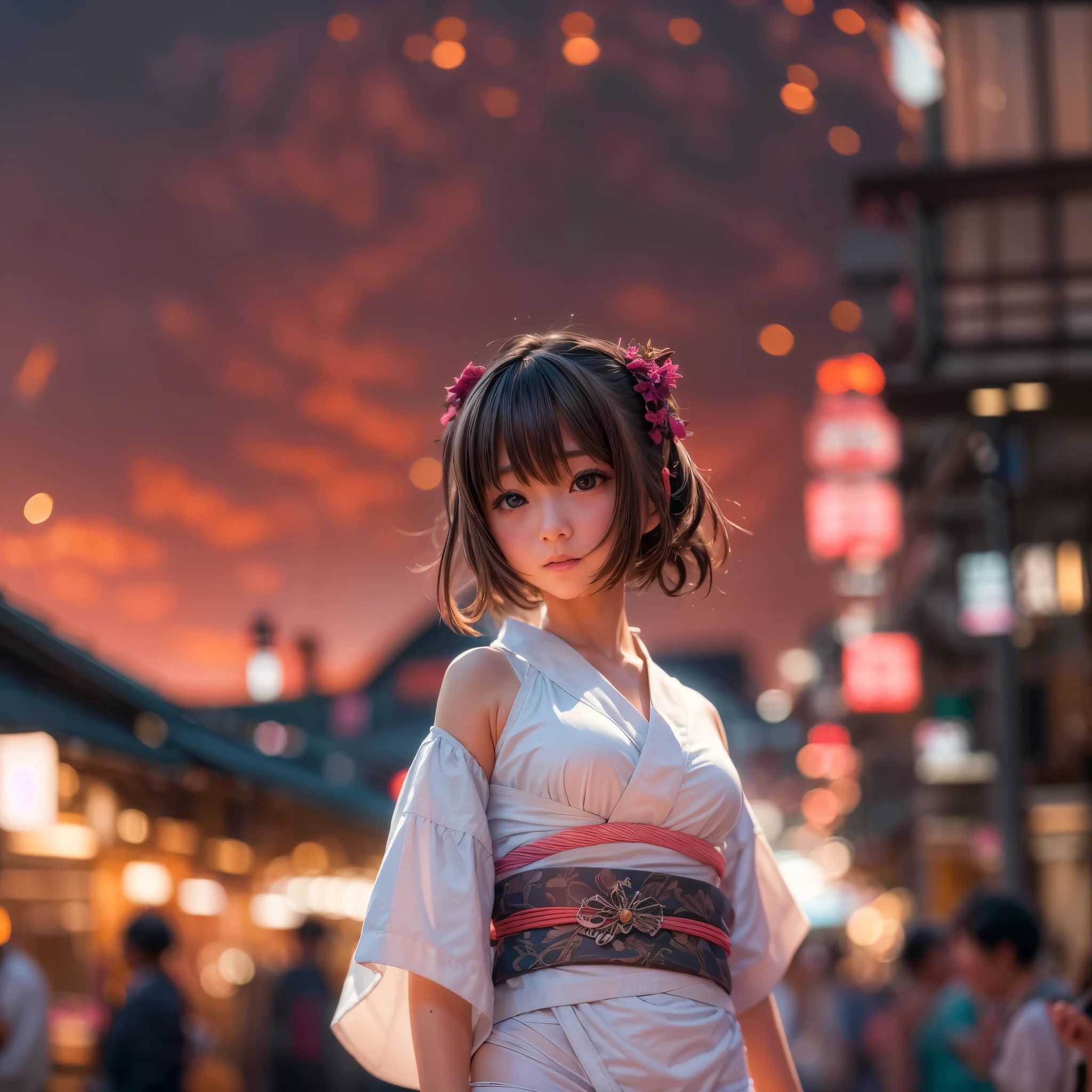 ((NSFW:-0.95)), (((nipple:-0.9))), ((Acutance:0.85)), (((from below)), The Sky takes up more than third of the composition ) . The background is the downtown area at (Twilight:1.4), (((Red-dyed clouds above hed:1.3))), { (many colorful Lights:1.2) | lens flare | Burning | heyz | (luminous Particles) | Mystic sight } . (Masterpiece:1.2) of professional Analog photo with Hasselblad, (((realistic and photorealistic with touch of rawness:1.37))), physically-based 3D rendering with ultra-detailed. ((( A KAWAII girl in WHITE Fundoshi, at Hakata Gion Ymakasa Festival ))) . (((from below:1.2, bokeH))), Assfocus and she looking ahead .