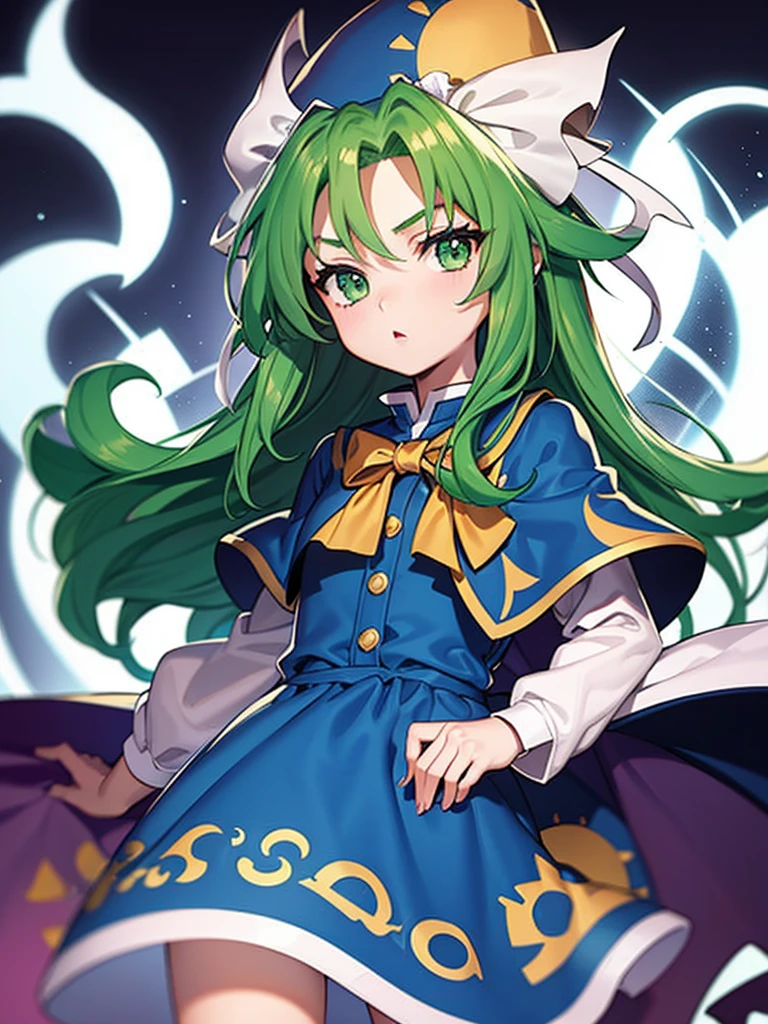 masterpiece, best quality, 1 girl, , , 10 years old, blue hat with a yellow sun pattern, long green hair, blue cape, blue cloak, blue clothes, white long sleeves, yellow ribbon, upper body shot, shoot from front, look at viewer, standing, crossed arms