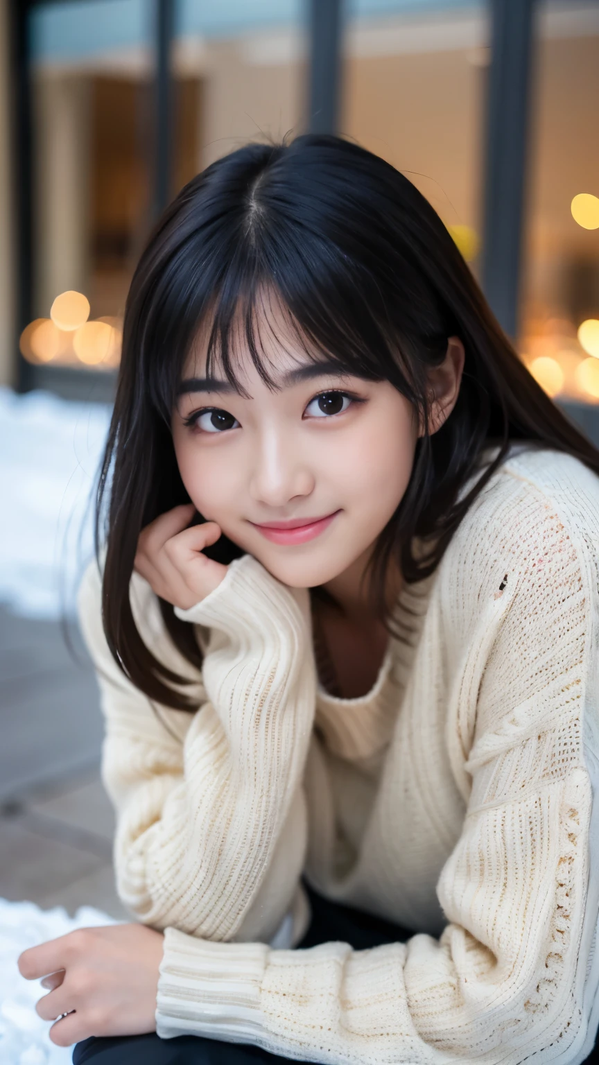 Best-quality, Masterpiece, Ultra-High-Resolution, (Photorealistic:1.4), Raw-Photo, 1girl, -yeld, thost famous Japanese idol, face-focus, looking at viewer, innocent-smile, wearing only winter-clothes with cute-design, extremely cute face like the most popular Japanese-idol, ((extremely beautiful big-black-solid-circle-eyes)), extremely beautiful black-hair, extremely beautiful skins, extremely beautiful long-eyelashes, extremely beautiful lips