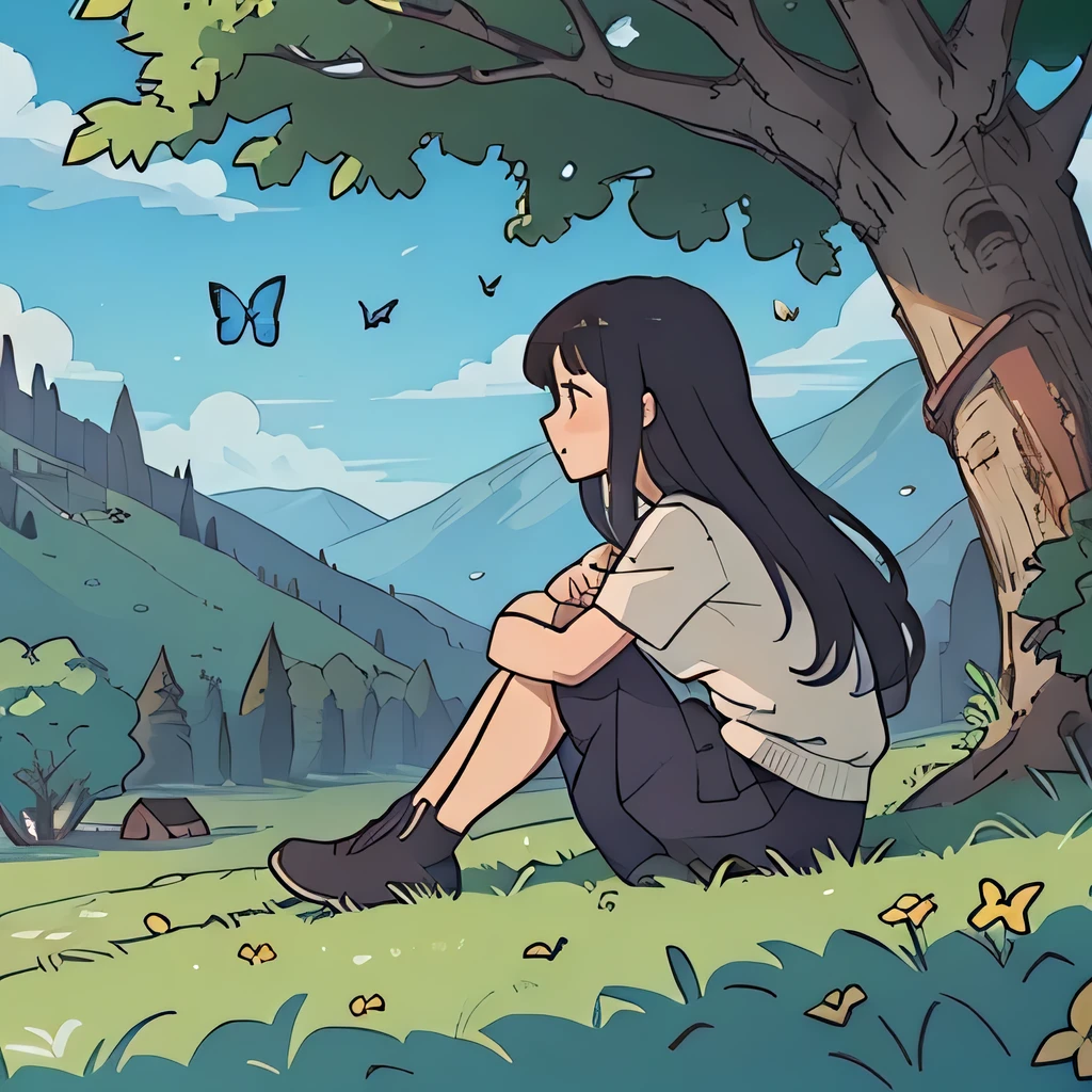 side view illustration of a girl sitting on grass, under a tree , butterflies, looking behind her