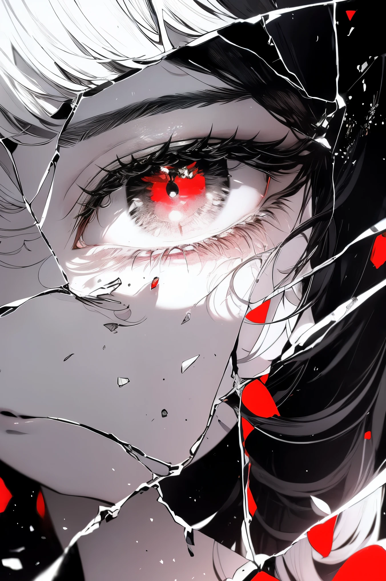 black andwhite,Absolutely beautiful woman,Bust,Broken mirror,Black and white splitting,Red tears,Black and white painting,Broken,sublevel,Black and white,Eroded by darkness and light,对称