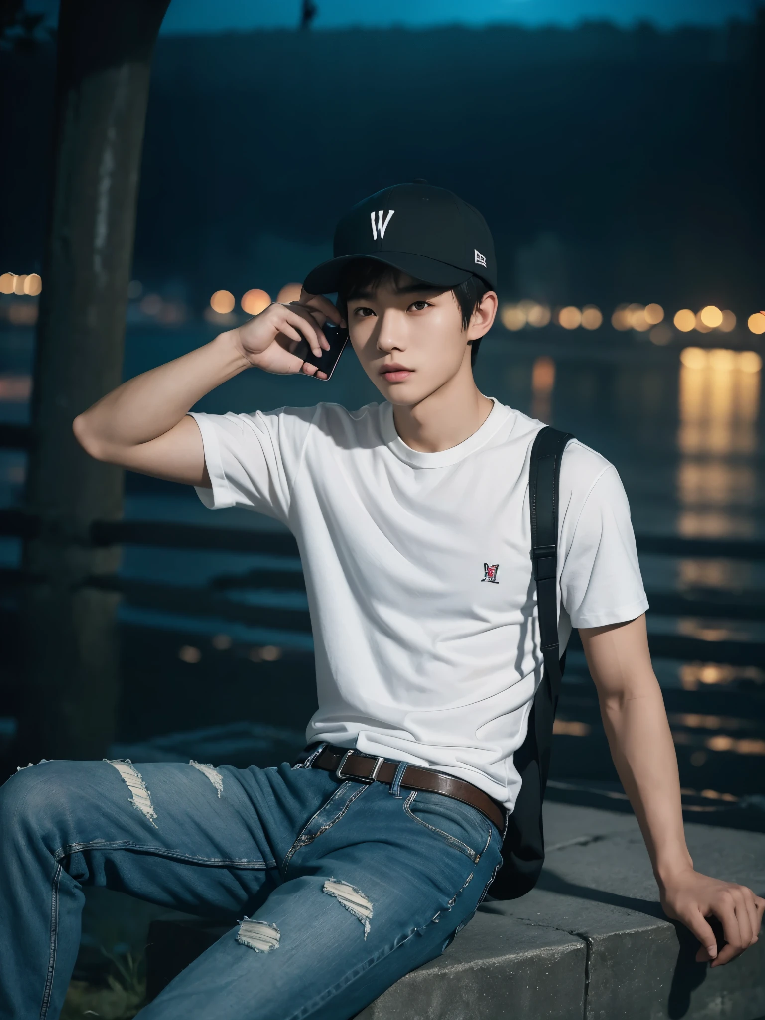 Handsome Chinese boy, white skin, wearing a black shirt and ripped jeans. Put on a hip hop hat Sitting on the phone near the river, dim lights, highest resolution, realistic images, 4k 1080hd
