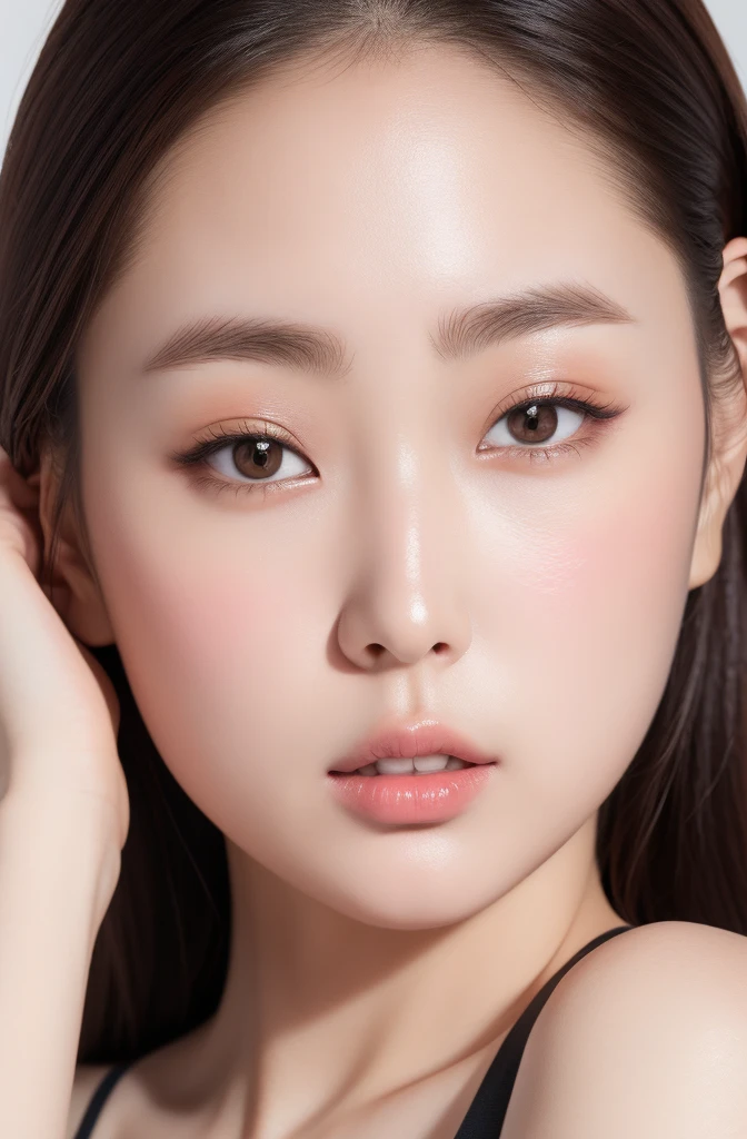 Korean Girl, Very beautiful face, (photographrealistic:1.4),(masutepiece, 4K, Best Quality, ultra-detailliert),studio shoot,Pictorial,Photography,Realistic eyes, Ultra-detailed face, Detailed lips, normal hands, Glossy lips, Glossy face, Simple background