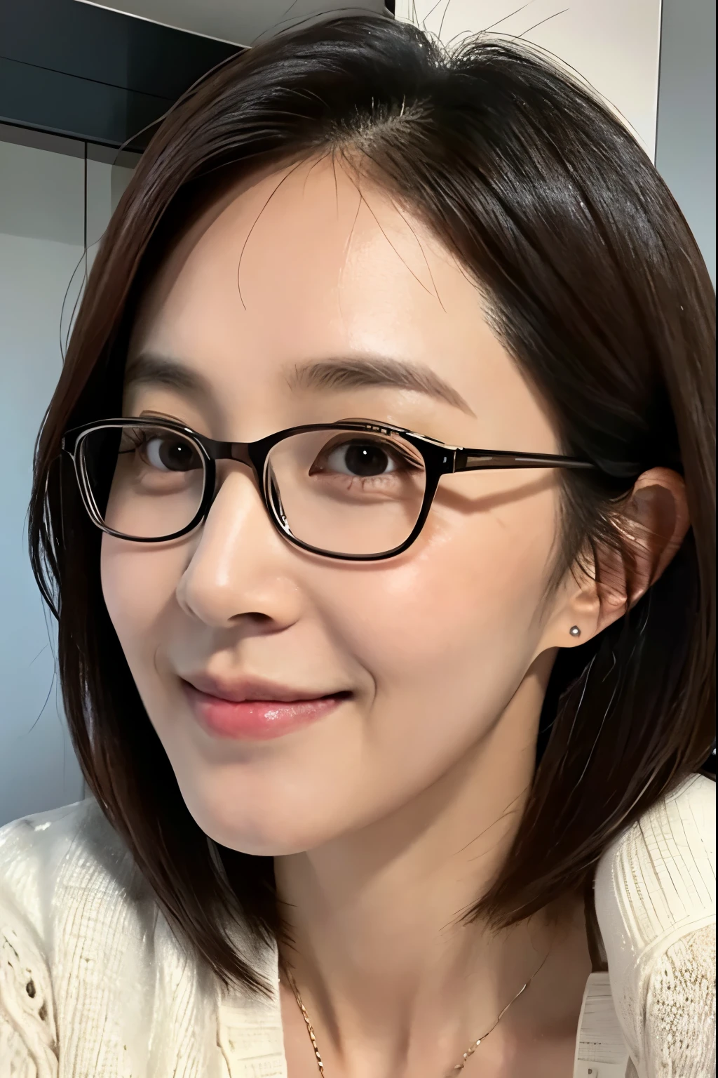 (8K、born、professional、highest quality、masterpiece:1.2)、(realistic、Photoreal:1.37)、super detailed、(Portrait)、(best detailed skin:1.2)、(most detailed surface:1.2)、movie lighting、1 girl、big, droopy eyes、Mole around the mouth、Unique facial features、The eyes are far away、thick lips、Feeling of bare skin、wearing glasses、Smiling expression、small eyes、or slightly disheveled hair、short bob、The kissing face you show to your boyfriend、Asked for a kissing face and looking at the camera.