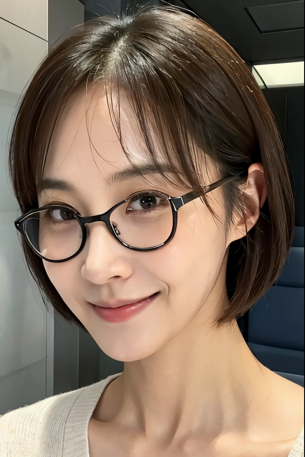 (8K、born、professional、highest quality、masterpiece:1.2)、(realistic、Photoreal:1.37)、super detailed、(Portrait)、(best detailed skin:1.2)、(most detailed surface:1.2)、movie lighting、1 girl、big, droopy eyes、Mole around the mouth、Unique facial features、The eyes are far away、thick lips、Feeling of bare skin、wearing glasses、Smiling expression、small eyes、or slightly disheveled hair、short bob、The kissing face you show to your boyfriend、Asked for a kissing face and looking at the camera.