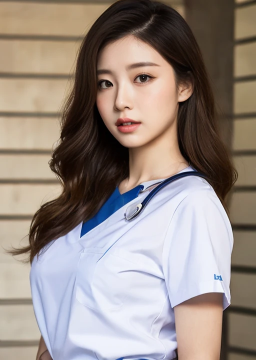 nurse uniform、open chest、full body shot、A woman with the same face as last time(misaki)，４Ｋ、１people&#39;s women、slender、 Loose wavy styling 、seductive and attractive,Including face and skin texture，detailed eyes、a seductive look