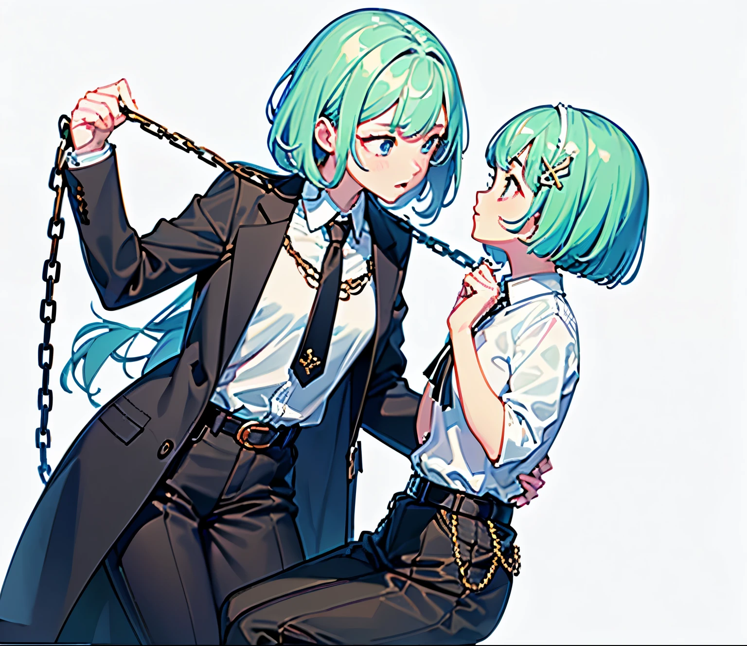 (masterpiece:1.2, best quality), (intricate details, depth of field), (2girls:1.7), highly-detailed, perfect face, (skindentation), (hand supporting waist:1.2), zerochan art, top pixiv art, chain on neck, (looking at another:1.4), white shirts, black trousers, belt, tie, black coat