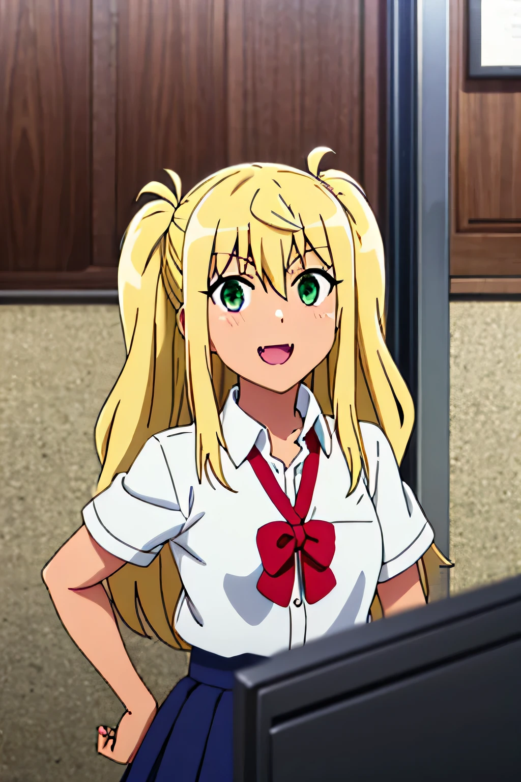 HIBIKI SAKURA, LONG HAIR, BLONDE HAIR, HAIR BETWEEN EYES, TWINTAILS, (GREEN EYES:1.3), FANG, DARK SKIN, DARK-SKINNED FEMALE, GYARU, 1girl, solo, upper body, facing viewer, (looking at viewer:1.5), in the center, smile, SKIRT, SHIRT, BOW, SCHOOL UNIFORM, WHITE SHIRT, SHORT SLEEVES, COLLARED SHIRT, BOWTIE, RED BOW, RED BOWTIE,