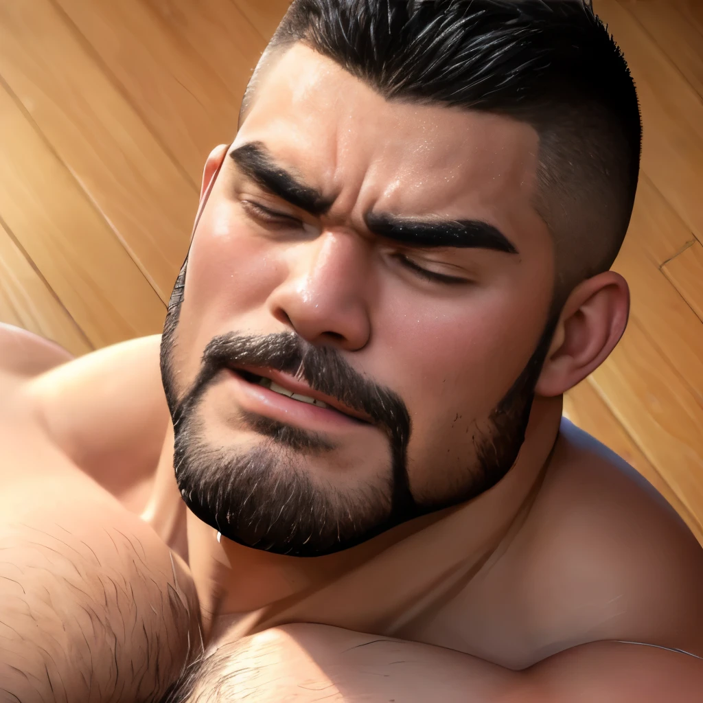 (highest quality:1.5), (masterpiece:1.5), (High school gymnasium:1.2), Hardwood flooring, (Japanese:1.5), round face, short beard, solo, Completely naked, male, (macho:1.3), (huge body:1.5), 42 years old, crew cut, (shoot from front:1.5), (The expression of reaching the climax:1.4), (close-up face:1.2), eyes closed