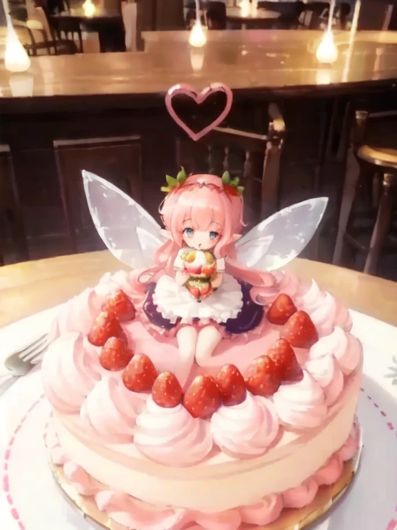 Inside the cafe, blurry,highest quality,A masterpiece of detailed writing,16K or 8K,A small fairy is eating a snack on a large whole cake decorated with strawberries, raspberries, blueberries, fresh cream, and chocolate on the table at the bottom center of the screen.:1.1)、A small fairy princess about 20cm long - huge white fairy wings with a heart pattern on her back,Light pink medium wavy hair - strawberry hair accessories - lavender eyes - long eyelashes、pointy ears,(A dress with lots of frills with a strawberry cake motif.)、Holding a strawberry with care、smile、beautiful face、