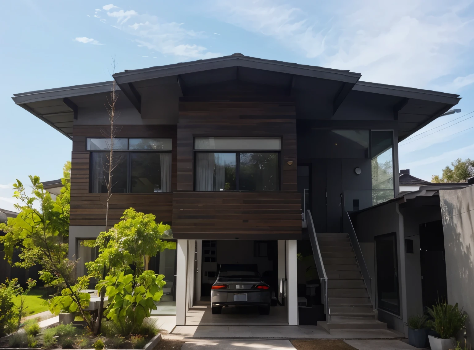 Color photo of a modern and simple gray Midcentury house.. The home exudes an air of luxury and sophistication with its sleek lines., Clean design, and a neutral color palette.. The exterior of the house is painted a beautiful gray., which complements the surrounding landscape perfectly.
Large windows allow plenty of natural light to flow inside., Create a bright and airy atmosphere.. architectural details, such as a flat roof, angular shape, and minimalist gardening, Add contemporary beauty to the overall home.. This gray Midcentury home is a timeless masterpiece., Blends seamlessly with the environment.