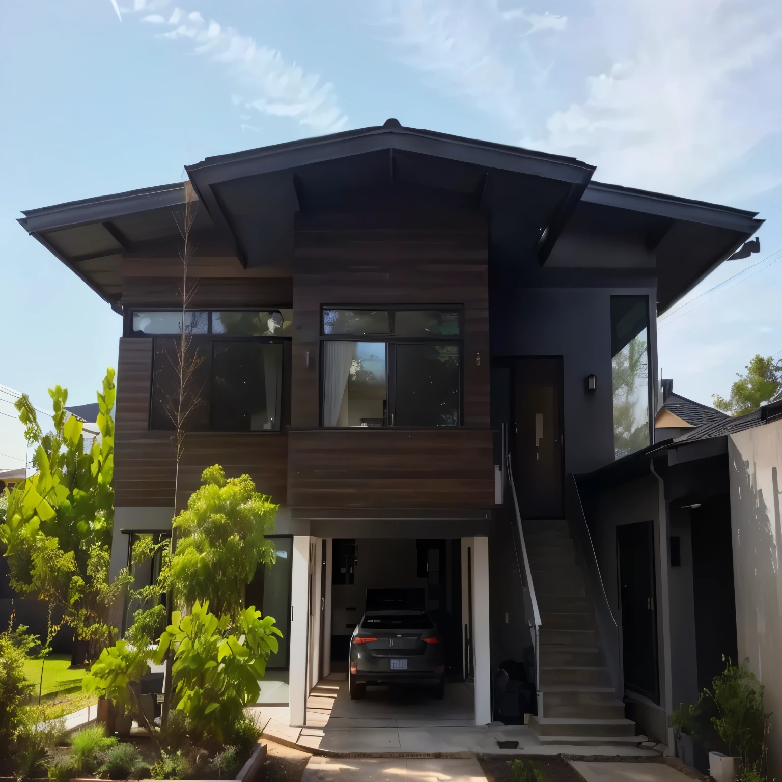 Arav's house has a car parked in front of the house., Modern Middle Ages, 4 0 9 6, มุมมองfront, Wide angle shot outside, modern setting, External view, Regular build, residence, มุมมองfrontอย่างน่าทึ่ง, front, External wide angle 2022, Passive house, หันหน้าไปทางfront, External view, 3 / 4 Special Shots - Wide Angle, Mid-Century Modern