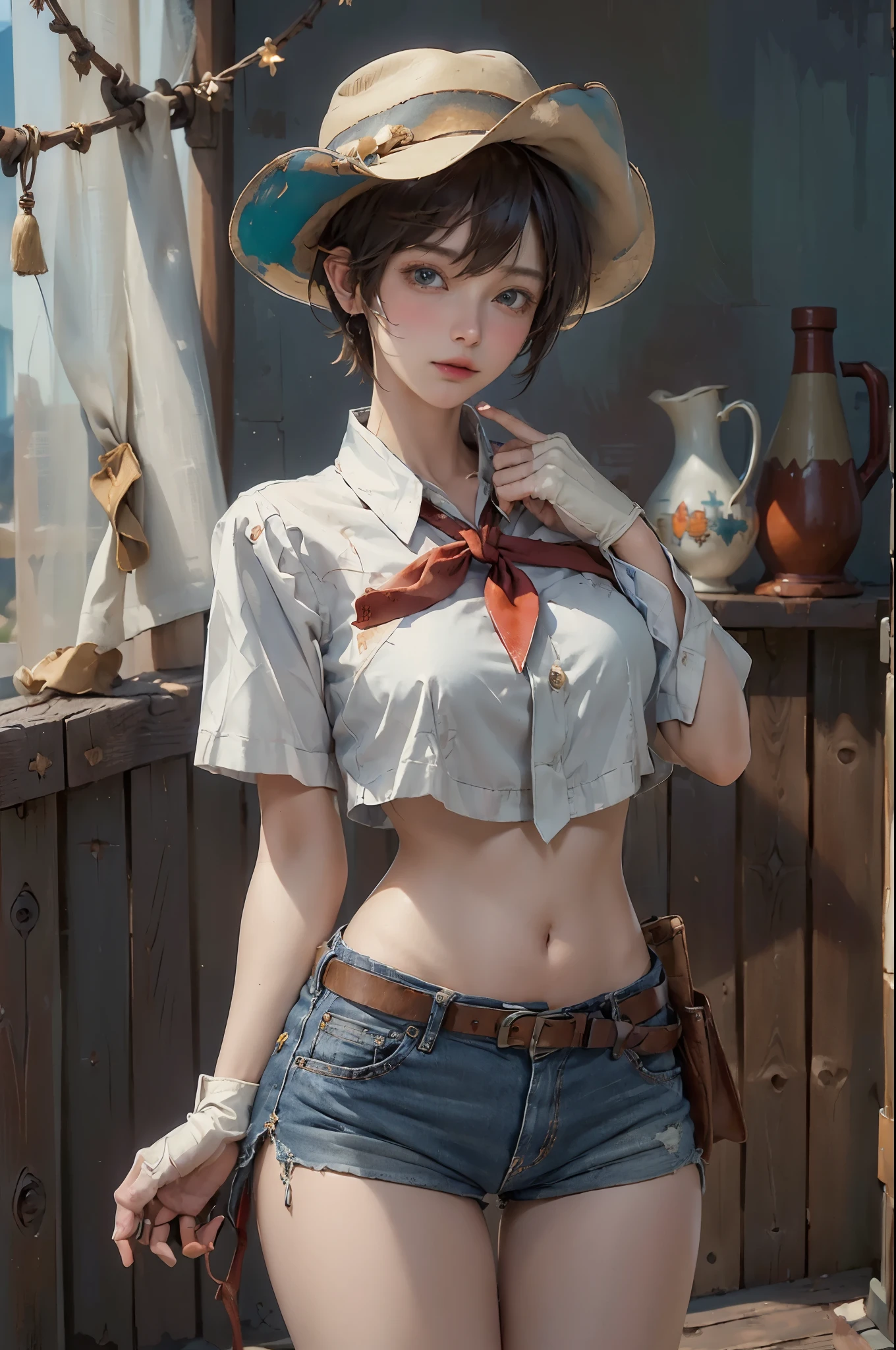 (((((solo))))),(((((masterpiece))))), (((((best quality))))),(((((highly detailed))))), finely detailed, Depth of field,detailed clothes, highres,
1girl, bangs, (beautiful detailed face:1.3), collarbone, collared shirt, ((white shirt)), button down to show cleavage, show belly, blue eyes, golden hair, cleavage, ((cowboy)), (cowboy hat:1.3), short gloves. fingerless gloves, hat, medium breasts, navel, neckerchief, red neckerchief, short hair, short shorts, shorts, healthy thighs, gun belt ,cowboy western, sunny desert background, thigh gap