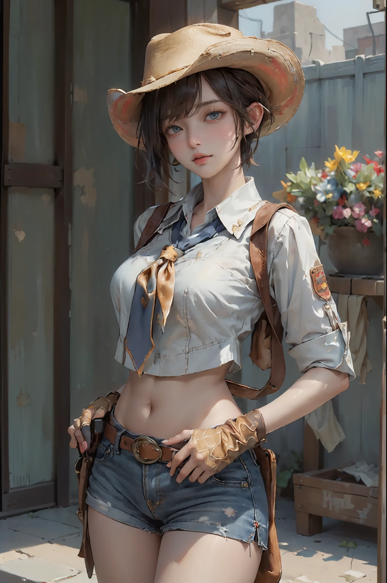 (((((solo))))),(((((masterpiece))))), (((((best quality))))),(((((highly detailed))))), finely detailed, Depth of field,detailed clothes, highres,
1girl, bangs, (beautiful detailed face:1.3), collarbone, collared shirt, ((white shirt)), button down to show cleavage, show belly, blue eyes, golden hair, cleavage, ((cowboy)), (cowboy hat:1.3), short gloves. fingerless gloves, hat, medium breasts, navel, neckerchief, red neckerchief, short hair, short shorts, shorts, healthy thighs, gun belt ,cowboy western, sunny desert background, thigh gap
