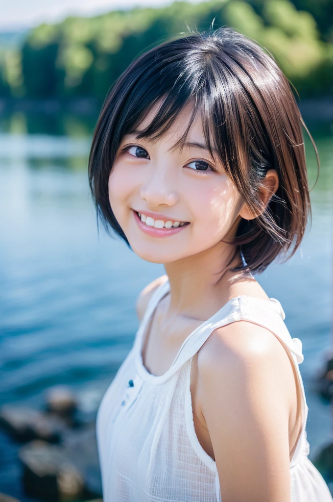 (one japanese girl, landscape and innocence,cute) ,bust up portrait、 8K、highest quality、RAW photo、Raw photo、professional photos、under the blue sky、Slender、 (boyish short hair,black hair), (cute,adorable), best smile、beautiful teeth,super detailed face、detailed lips、detailed eye、small gravure idol,transparent skin、