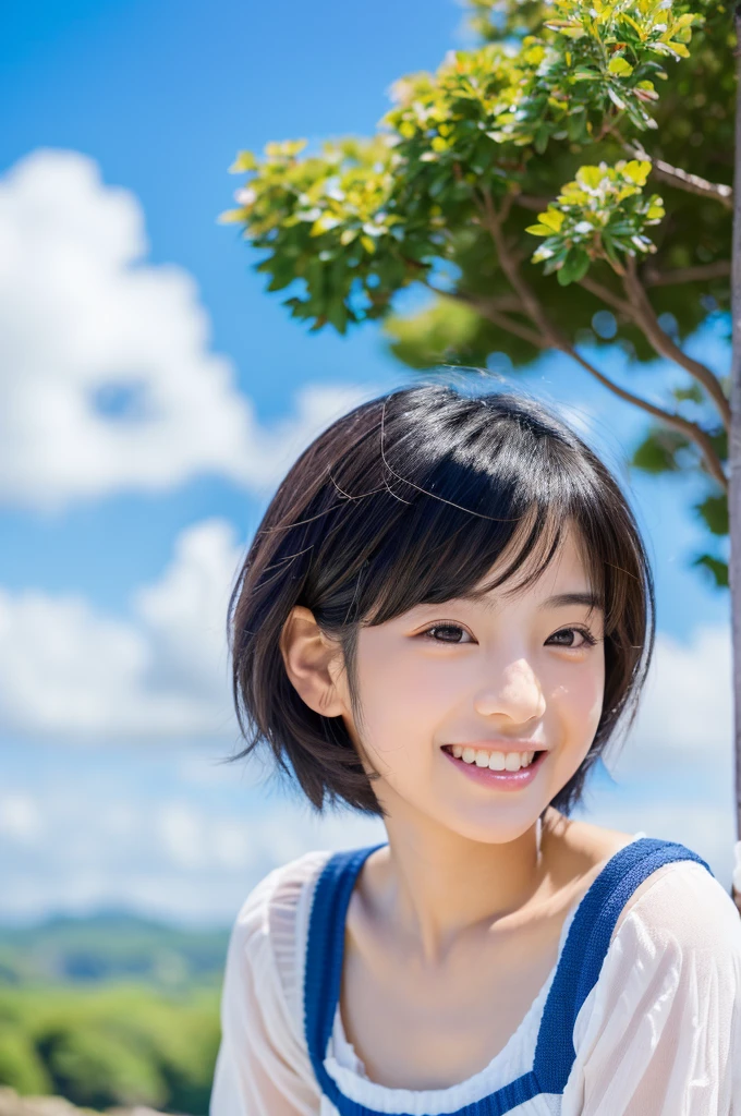 (one japanese girl, landscape and innocence,cute) ,bust up portrait、 8K、highest quality、RAW photo、Raw photo、professional photos、under the blue sky、Slender、 (boyish short hair,black hair), (cute,adorable), best smile、beautiful teeth,super detailed face、detailed lips、detailed eye、small gravure idol,transparent skin、