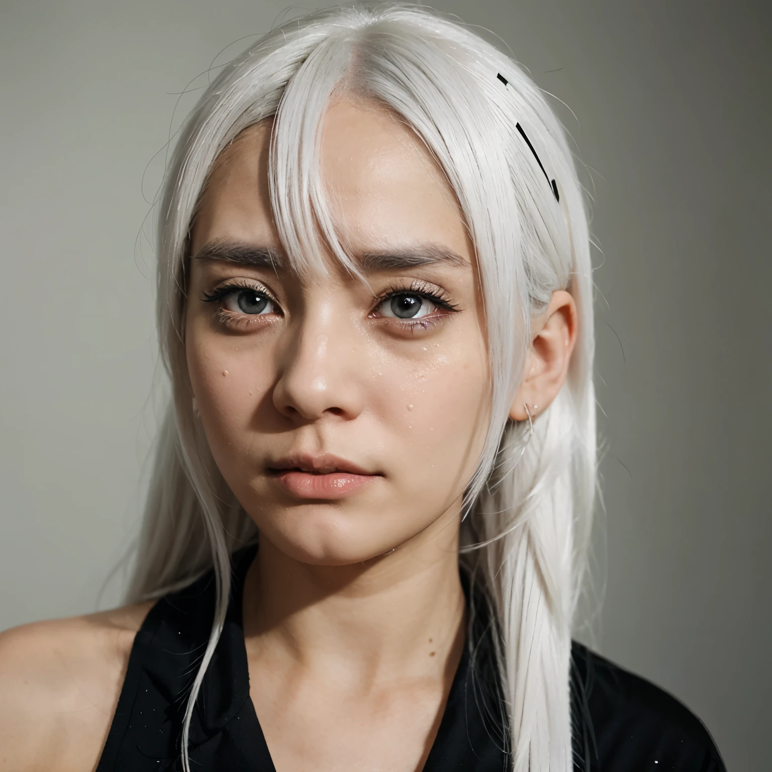 Girl with black eyes and white hair crying anime