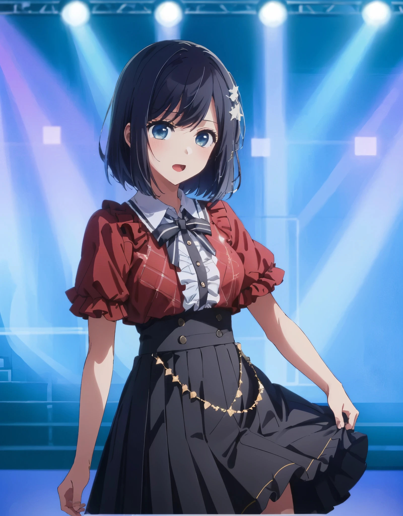 masterpiece, highest quality, 8K, ultra high resolution, highest quality, anime style, best writing, beautiful face, beautiful lighting, 1 girl, alone, Akane, (red idol costume:1.3), (black pleated skirt:1.3), (frills:1.3), Live venue, sing, dance, best light up, Stage lighting, Blurry illustration, open your mouth
