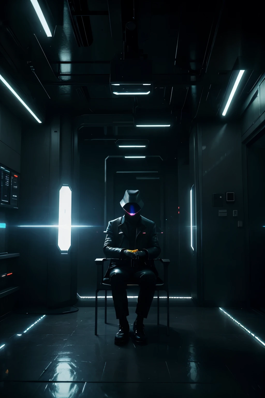 arafed image of a man sitting with a fedora hat in a chair in a dark room, artem demura beeple, 3 d render beeple, cinematic beeple, minimalist cinematic lighting, by Christopher Balaskas, beeple global illumination, beeple. octane render, dramatic lighting sci fi, inspired by Mike Winkelmann.The character is silhouetted against the ethereal glow emanating from the intricate patterns of lights embedded within the pillars, highlighting their isolation. a futuristic city with a lot of lights, futuristic hall, spaceship hallway background, intricate sparkling atmosphere, photo of futuristic cityscape, surreal cyberspace, cyber space, glowing lights intricate, futuristic and ethereal, cyber architecture, background of digital greebles, futuristic dramatic lighting, abstract art representing data, in a dark futuristic room, abstract tech, volumetric lighting futuristic