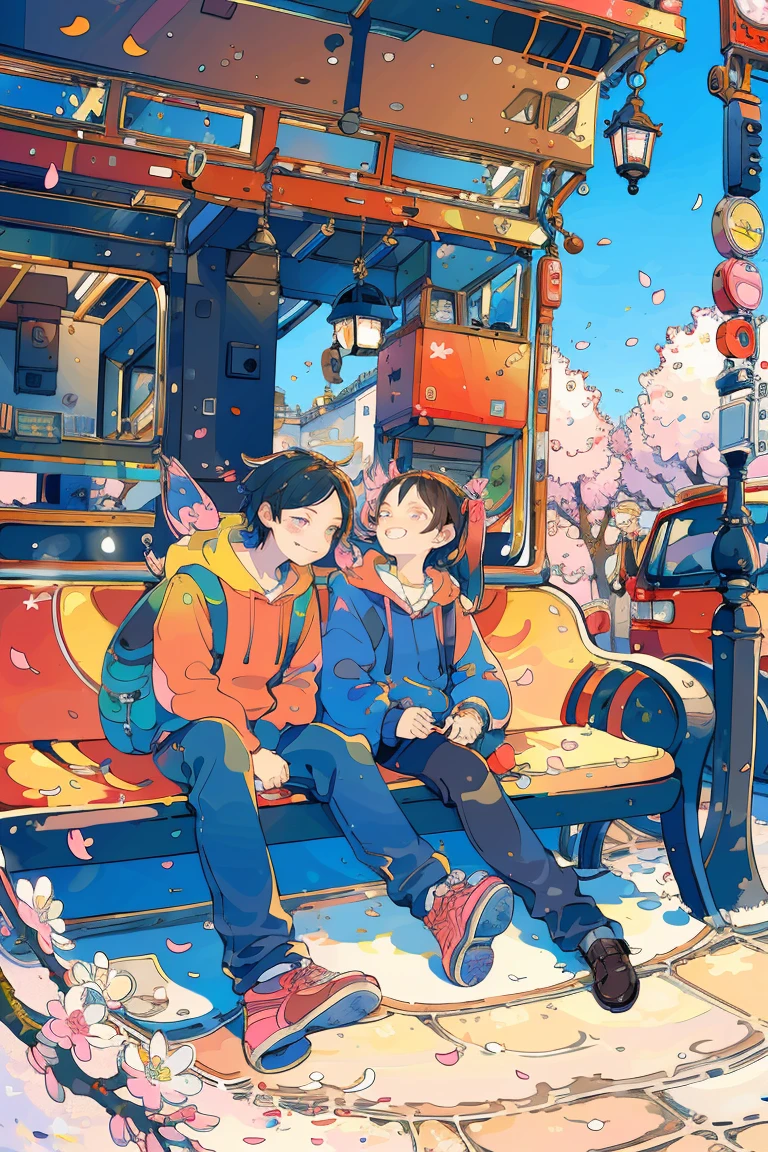 (masterpiece:1.2), best quality,PIXIV,fairy tale style, 1 man waiting his bus, spring, cherry blossom