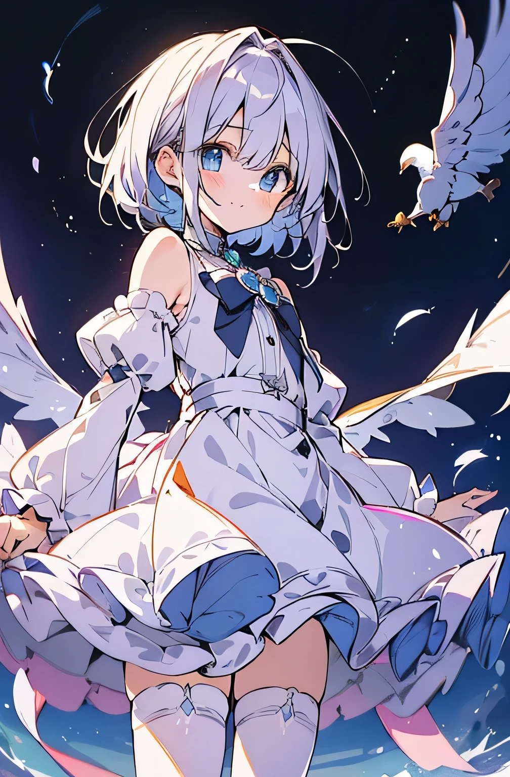 ((highest quality))、((８K))、((High resolution))、((masterpiece))、((Super detailed))、((一人))、（Height 140ｃｍinfant）、((Looking at the camera from the front))、((Photo from above the knees))、((Are standing))、（Have a magic cane）、Beautiful and delicate blue eyes、beautiful smooth silver hair、Fluffy shorthair、Gentle and adorable big eyes、big smile、Blush with embarrassment、((Perfect and beautiful fingertips))、A  wearing a silver magical girl costume、flat chest、(white stockings)、Clear summer sky、fly in the sky、snow-white feathers falling、fluttering in the wind